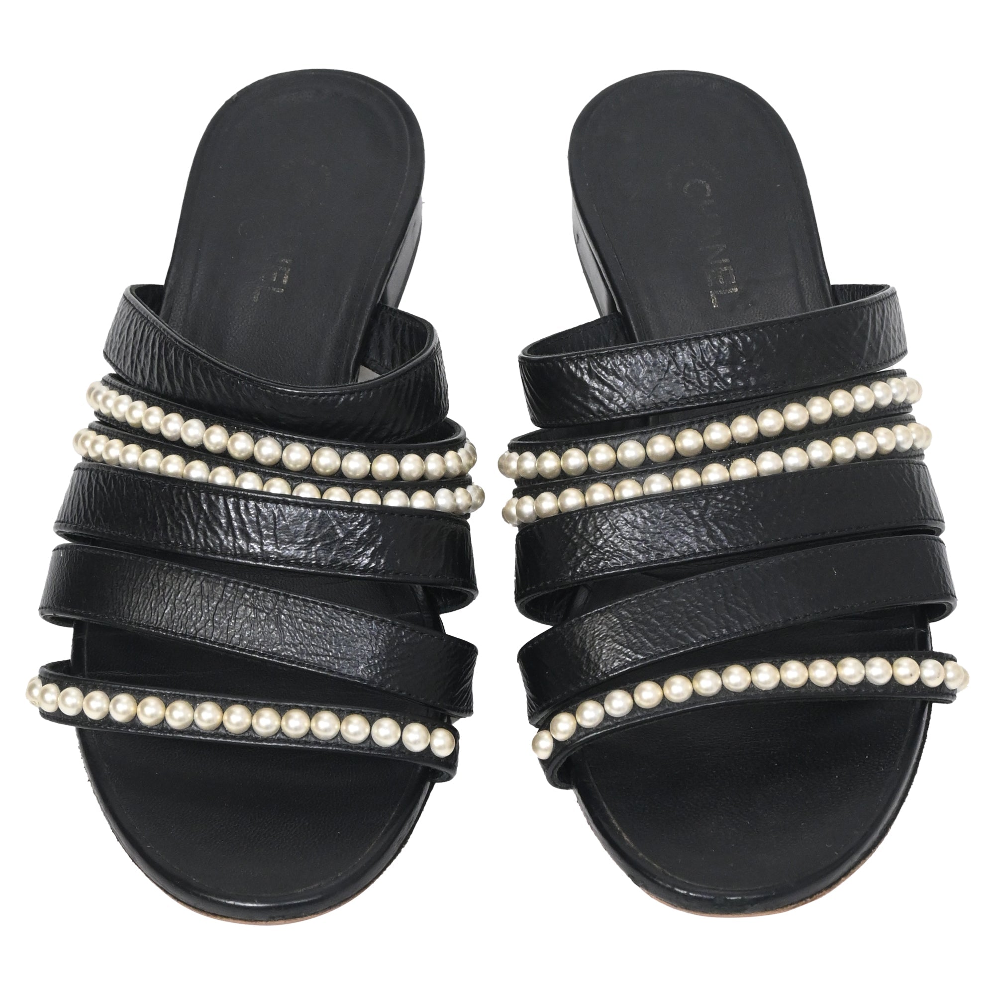 Women's  Chanel CC Pearl-Embellished Slip-On Flats in Black Leather