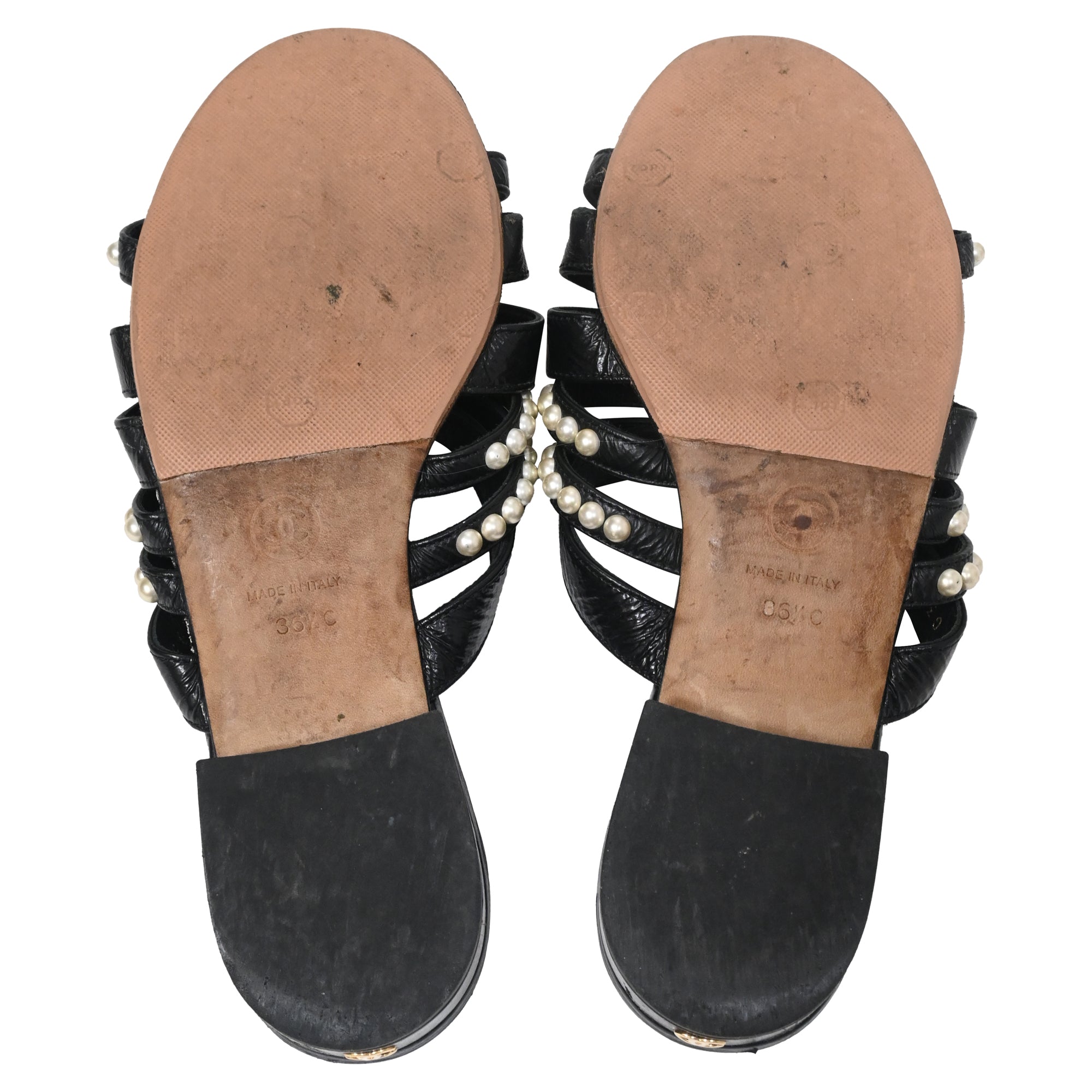 Women's  Chanel CC Pearl-Embellished Slip-On Flats in Black Leather