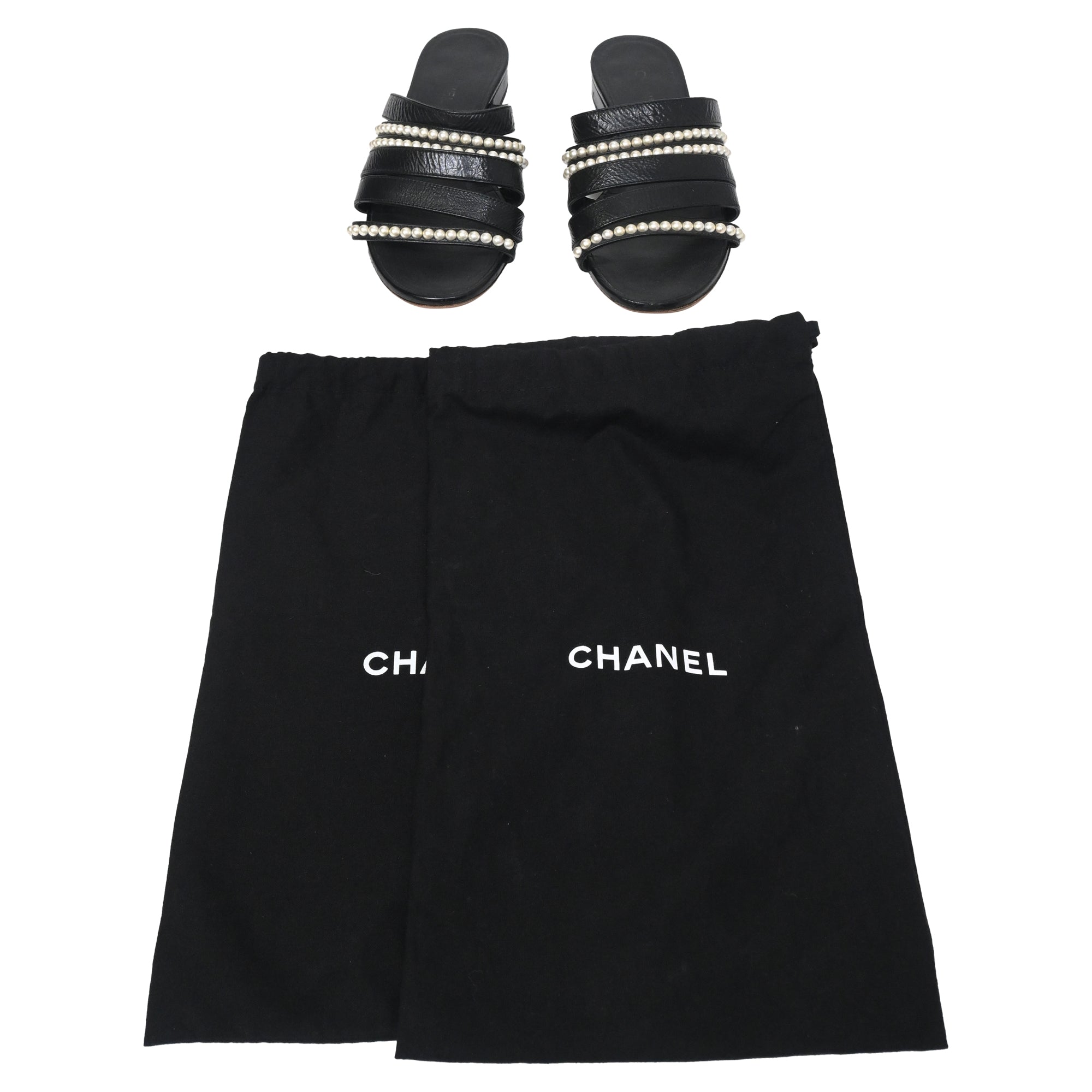 Women's  Chanel CC Pearl-Embellished Slip-On Flats in Black Leather