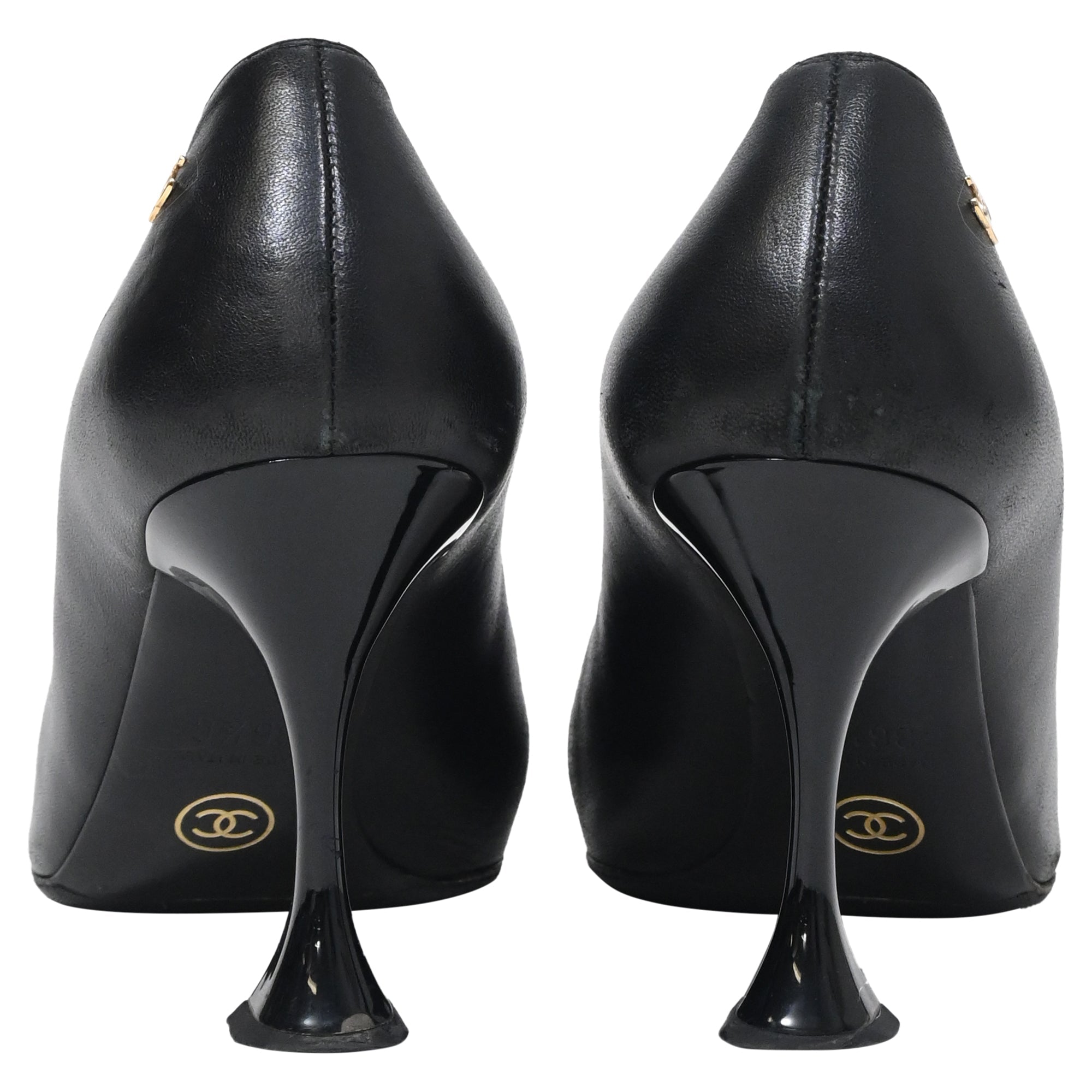 Women's Chanel Interlocking CC Sculptured Heel Pumps in Black Leather