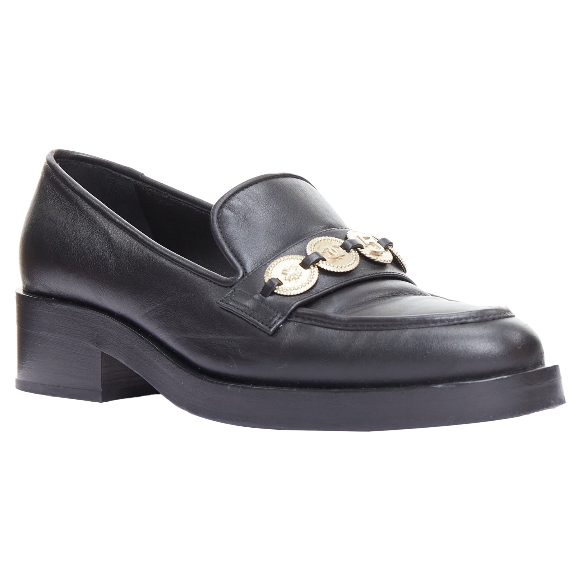 Women's Chanel Leather Gold Cc Embellished Classic Loafers