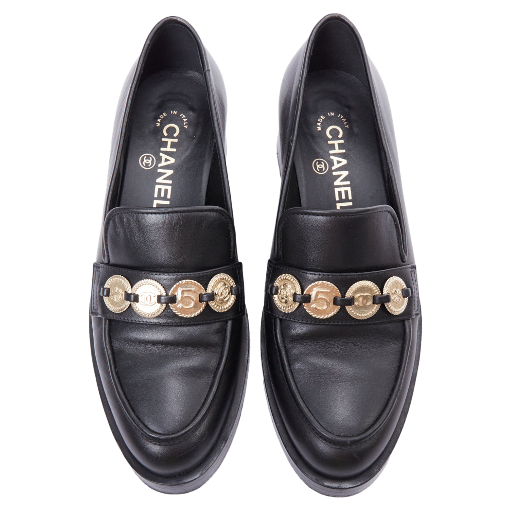 Women's Chanel Leather Gold Cc Embellished Classic Loafers