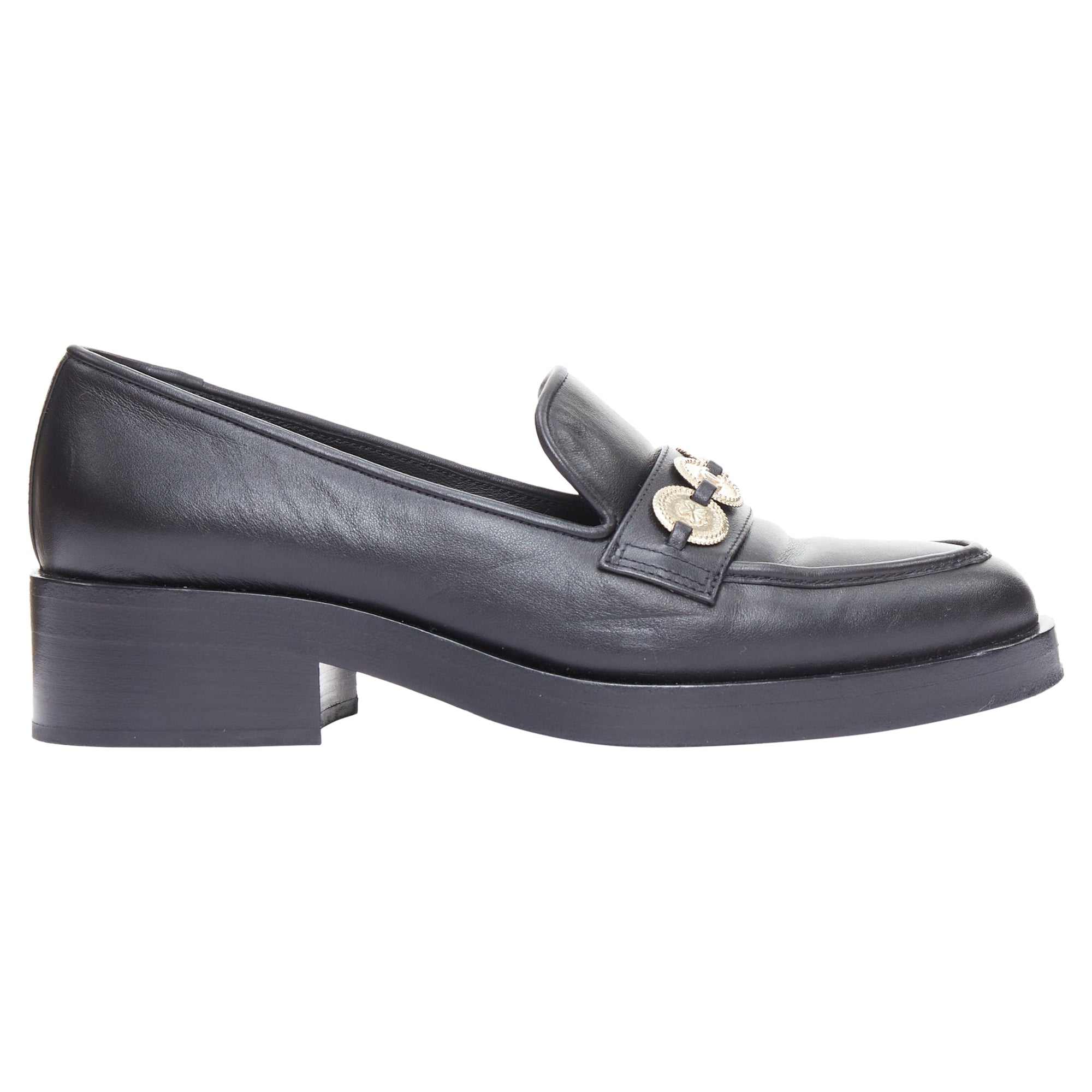 Women's Chanel Leather Gold Cc Embellished Classic Loafers