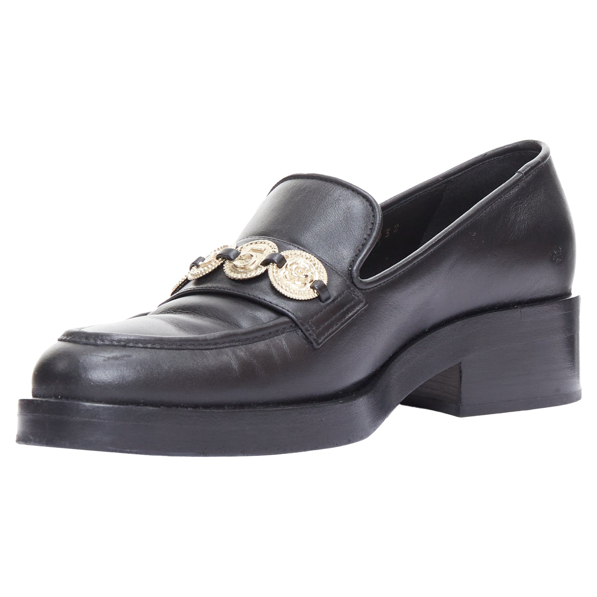 Women's Chanel Leather Gold Cc Embellished Classic Loafers