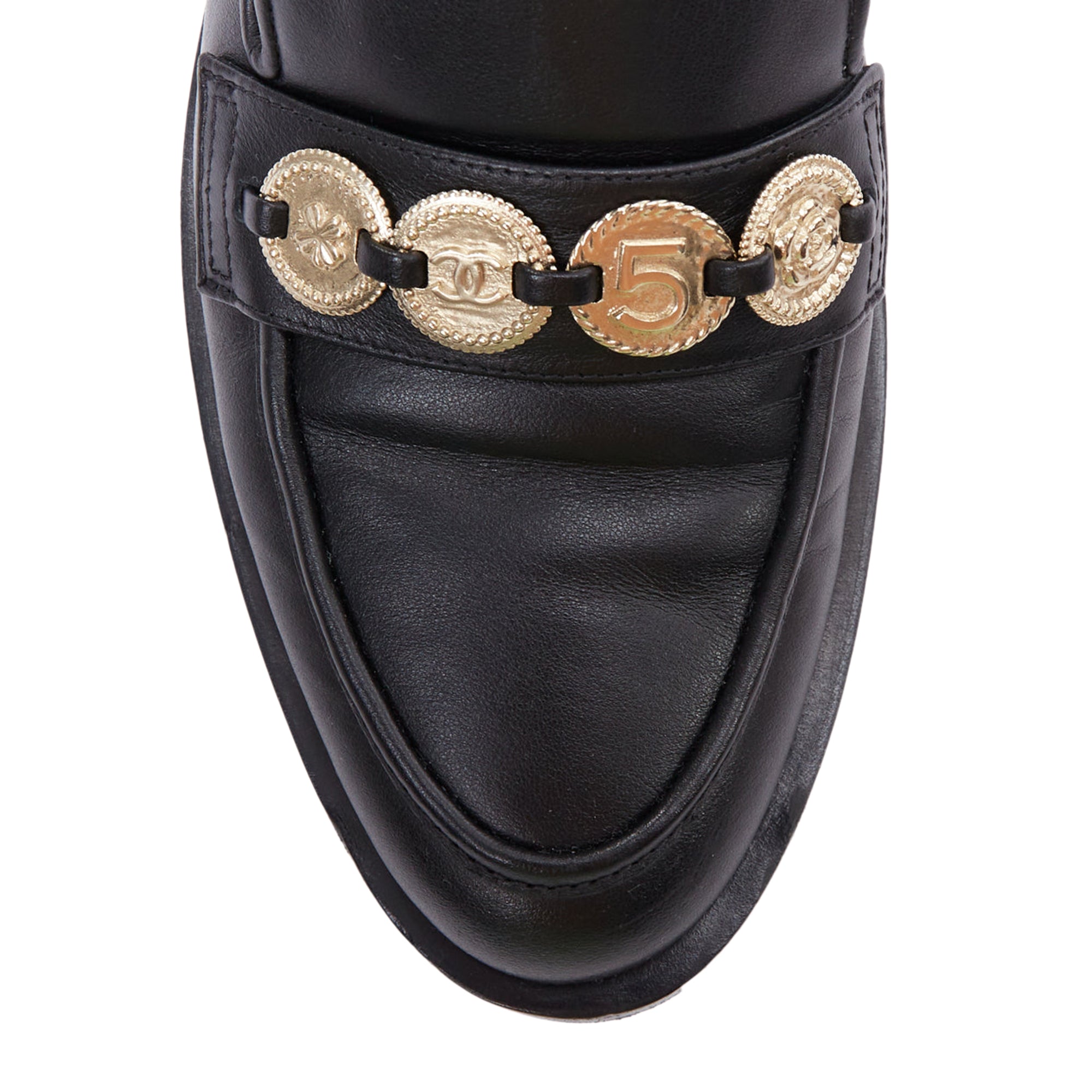 Women's Chanel Leather Gold Cc Embellished Classic Loafers