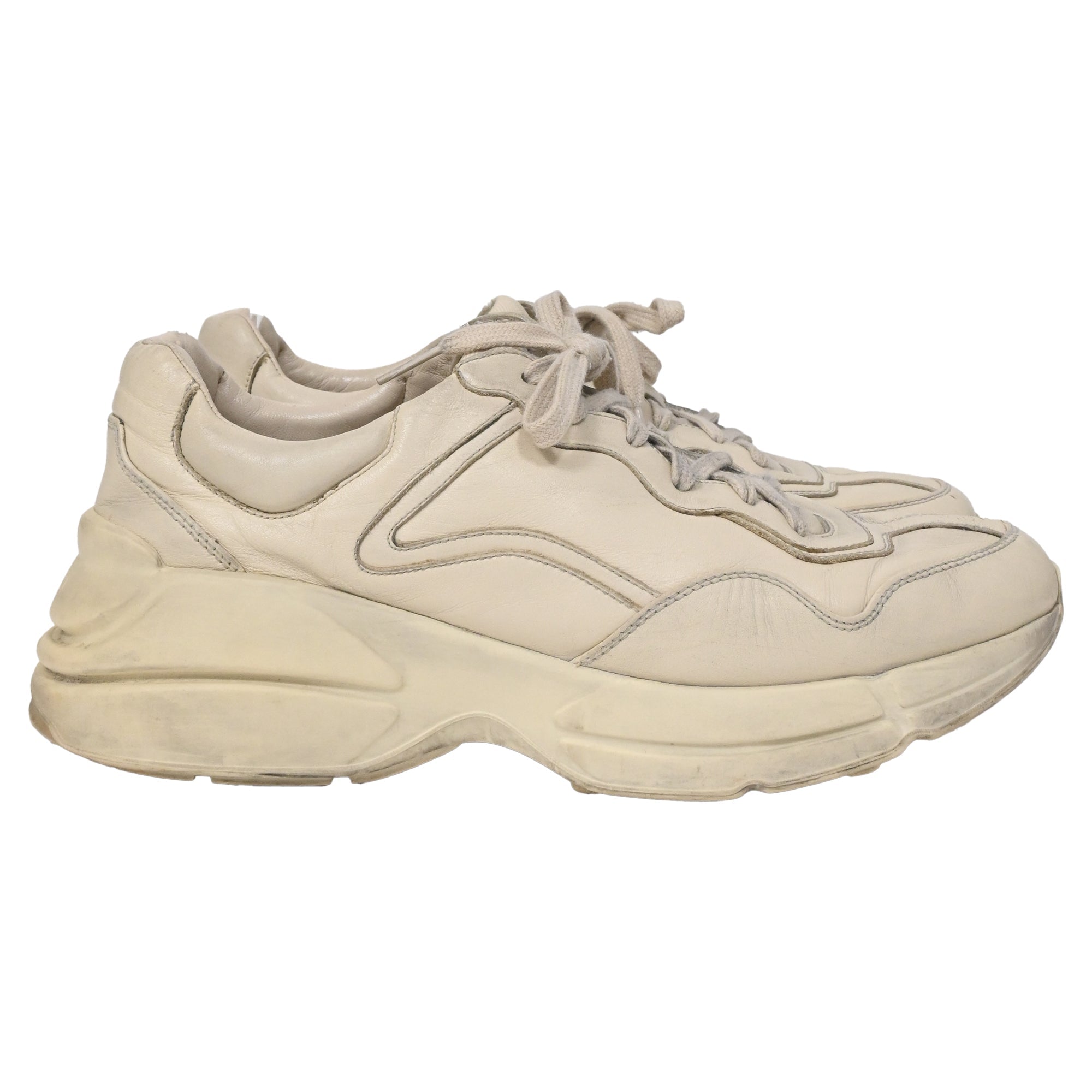Men's Gucci Rhyton Distressed Lace-Up Sneakers in Cream Leather