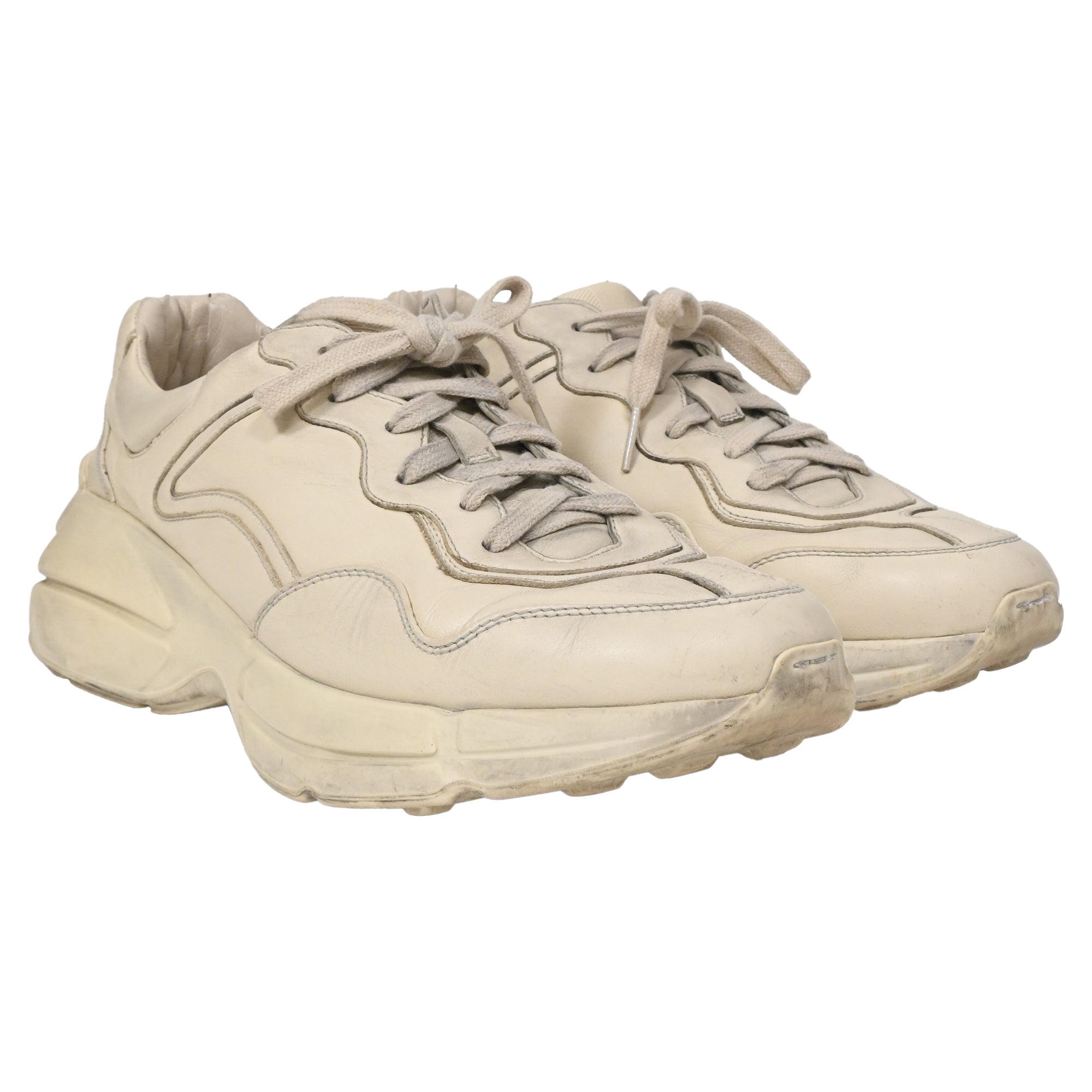 Men's Gucci Rhyton Distressed Lace-Up Sneakers in Cream Leather