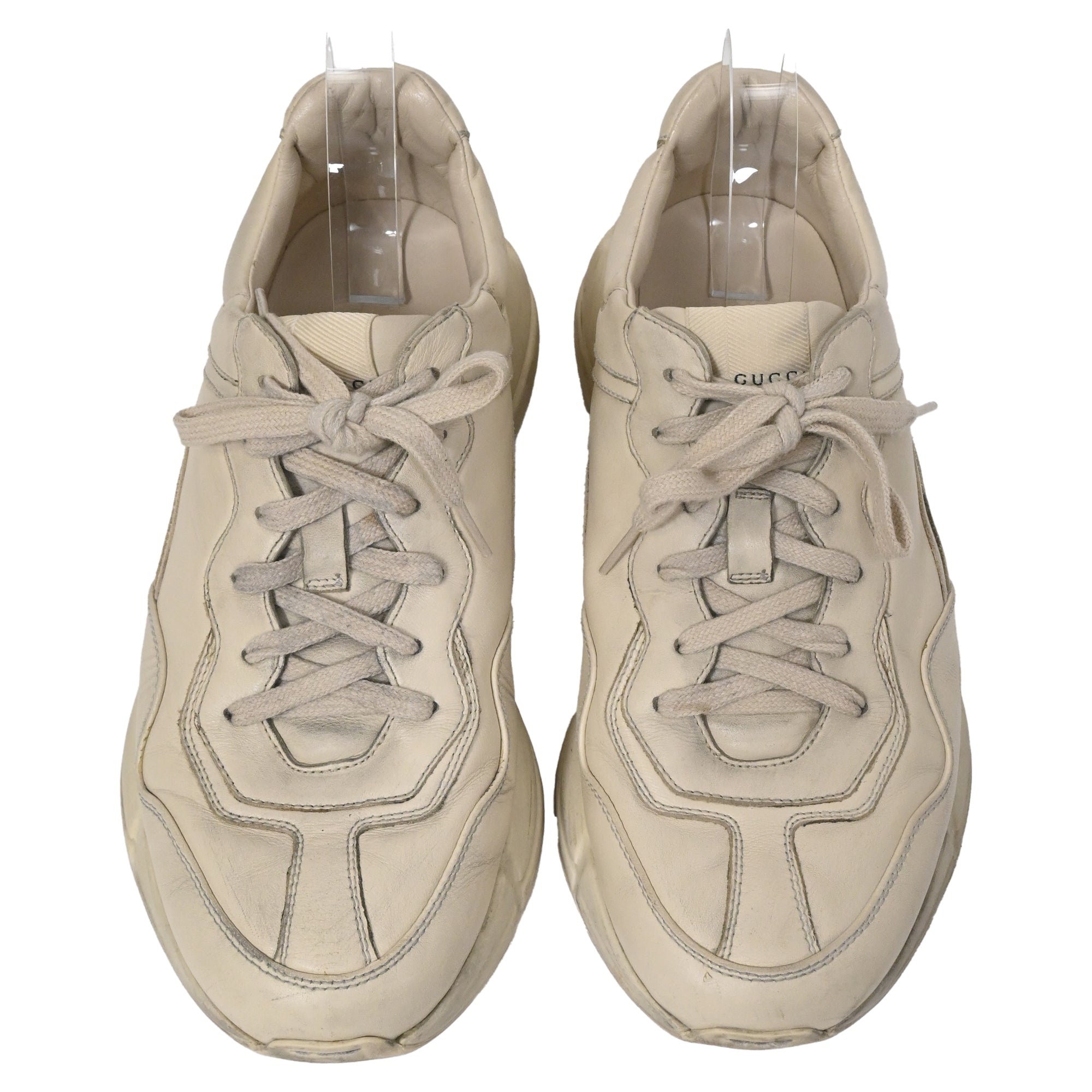 Men's Gucci Rhyton Distressed Lace-Up Sneakers in Cream Leather