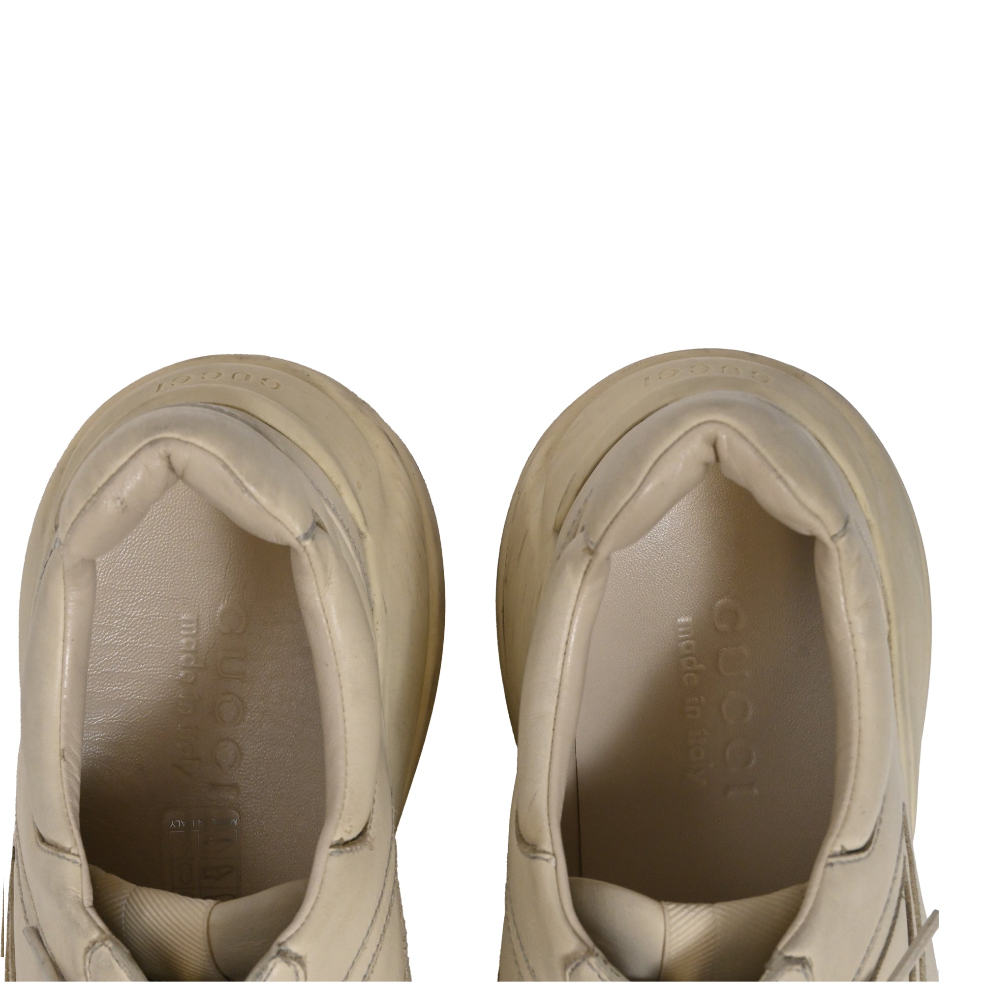 Men's Gucci Rhyton Distressed Lace-Up Sneakers in Cream Leather