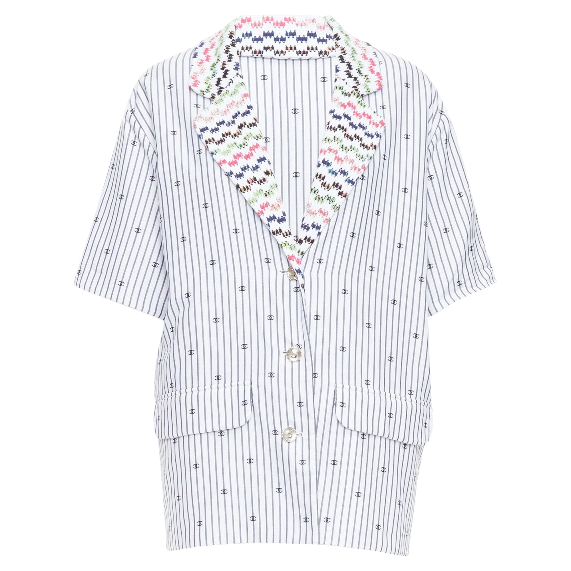 Women's Chanel multicolor tweed CC logo stripe short sleeve jacket