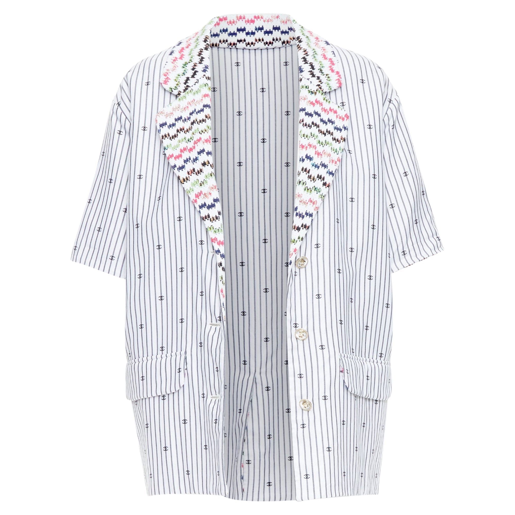 Women's Chanel multicolor tweed CC logo stripe short sleeve jacket