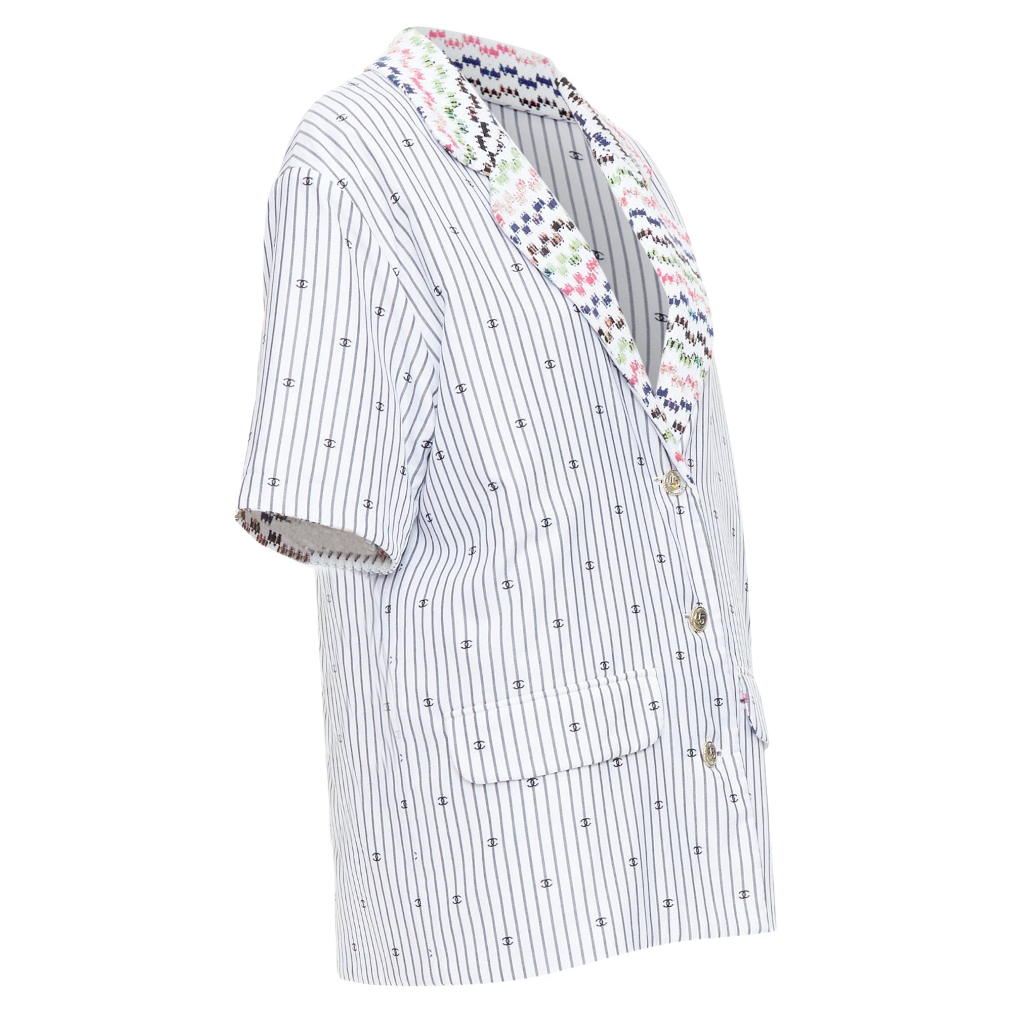 Women's Chanel multicolor tweed CC logo stripe short sleeve jacket