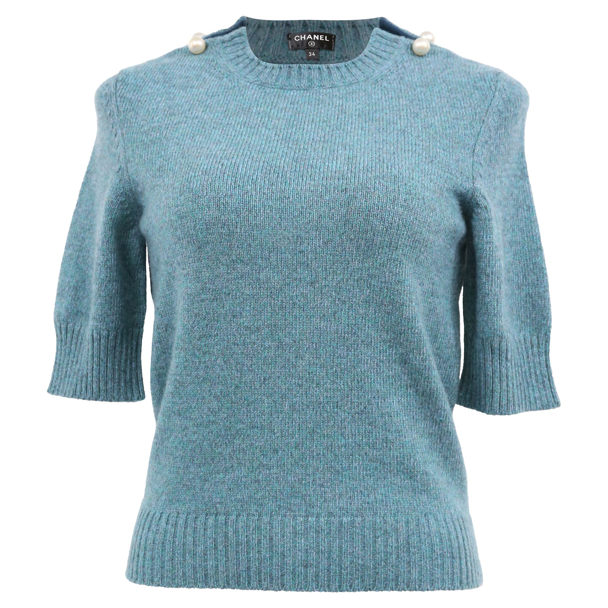 Women's Chanel Knitted Pearl-Embellished Short Sleeve Top in Blue Wool