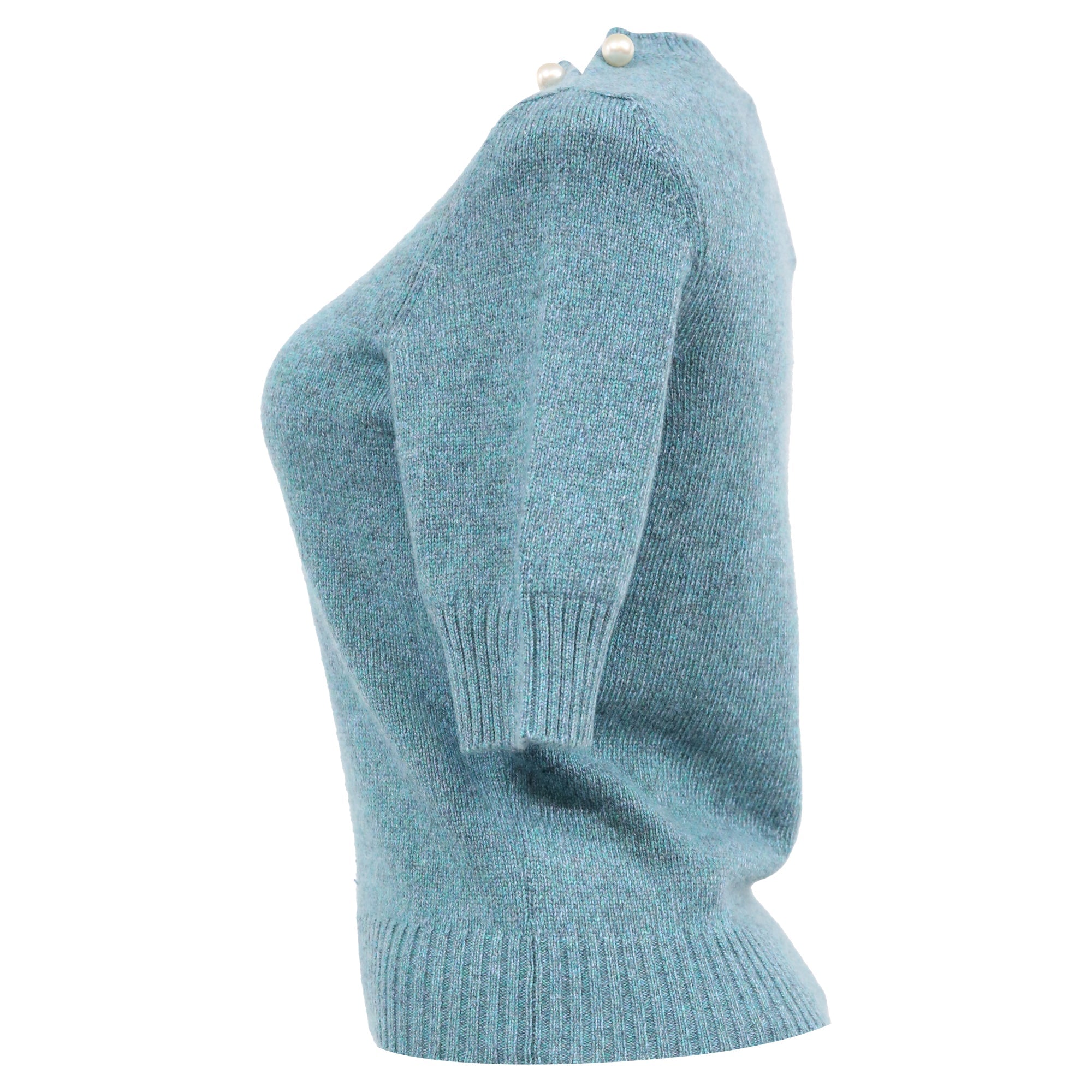 Women's Chanel Knitted Pearl-Embellished Short Sleeve Top in Blue Wool