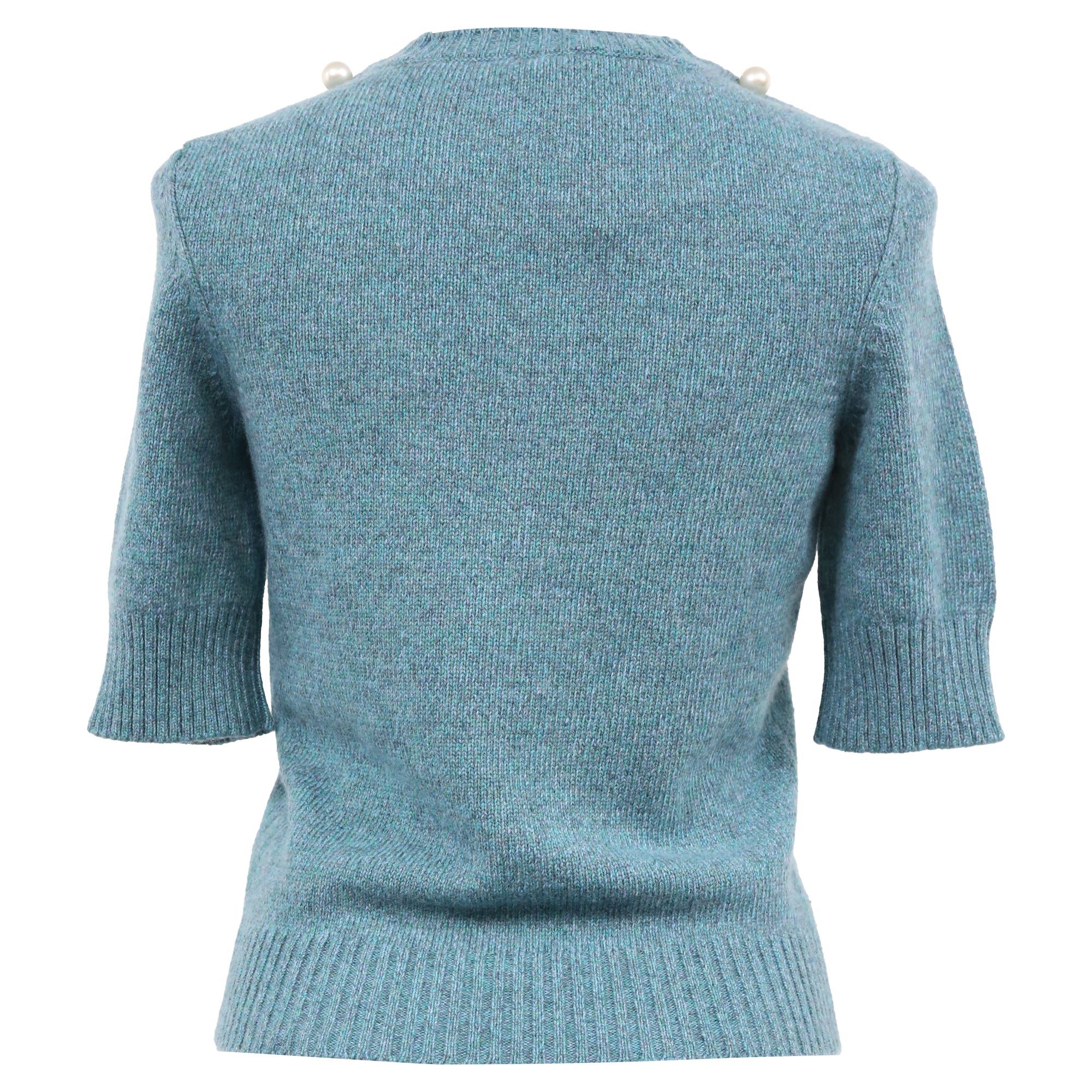 Women's Chanel Knitted Pearl-Embellished Short Sleeve Top in Blue Wool