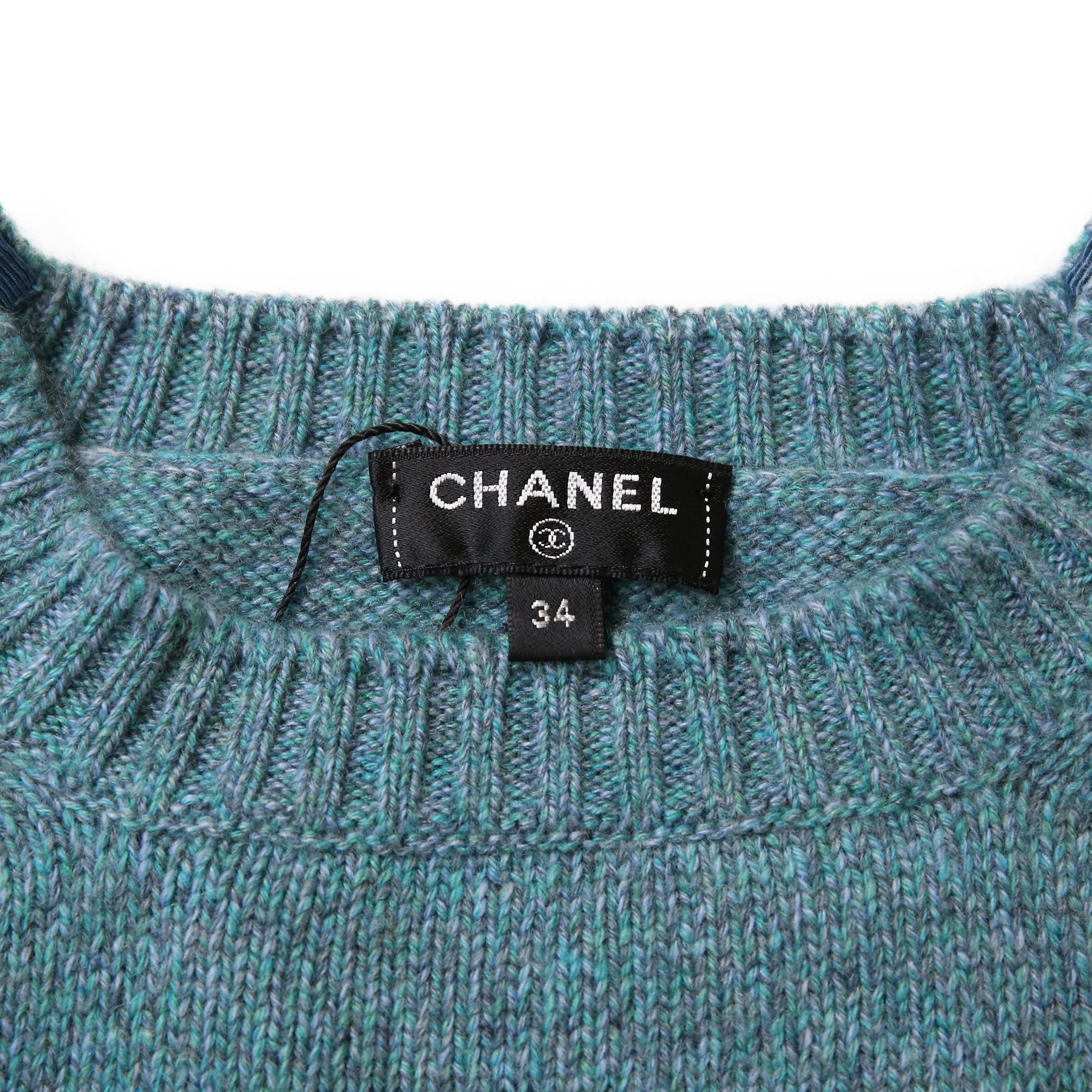Women's Chanel Knitted Pearl-Embellished Short Sleeve Top in Blue Wool