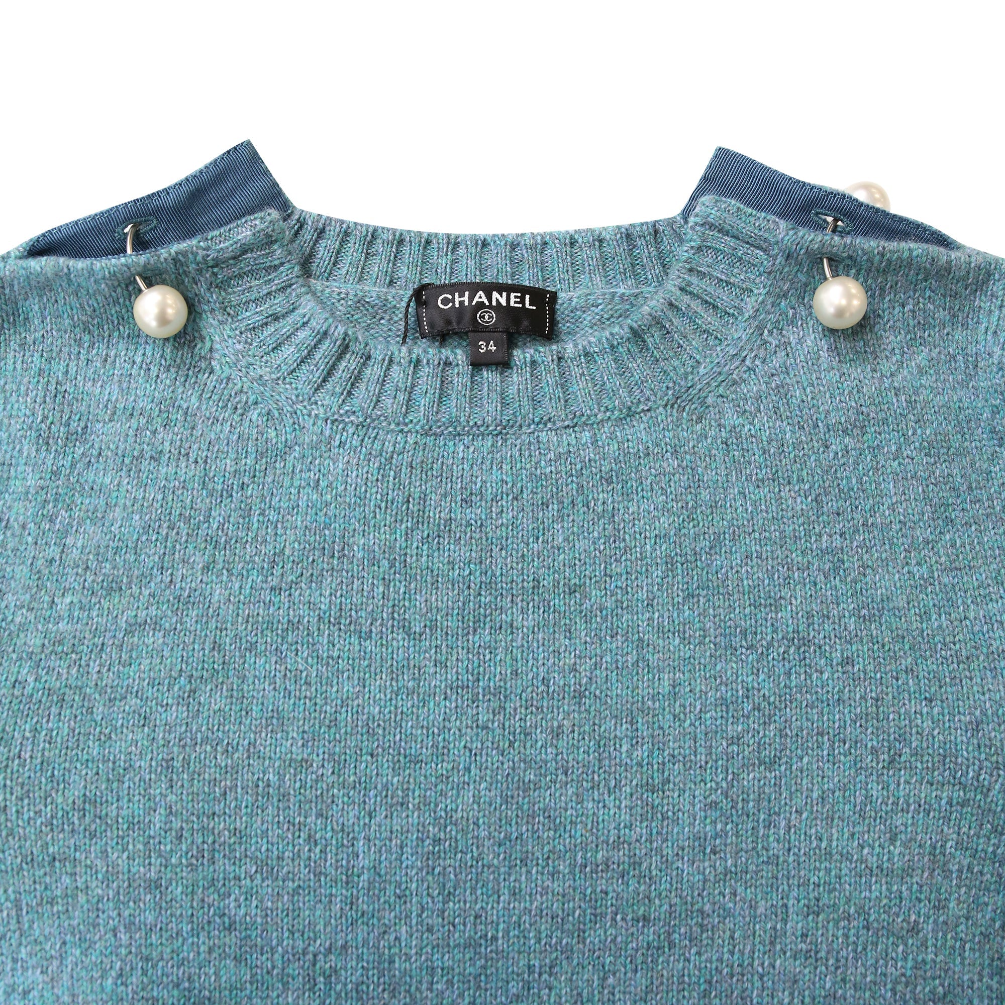 Women's Chanel Knitted Pearl-Embellished Short Sleeve Top in Blue Wool