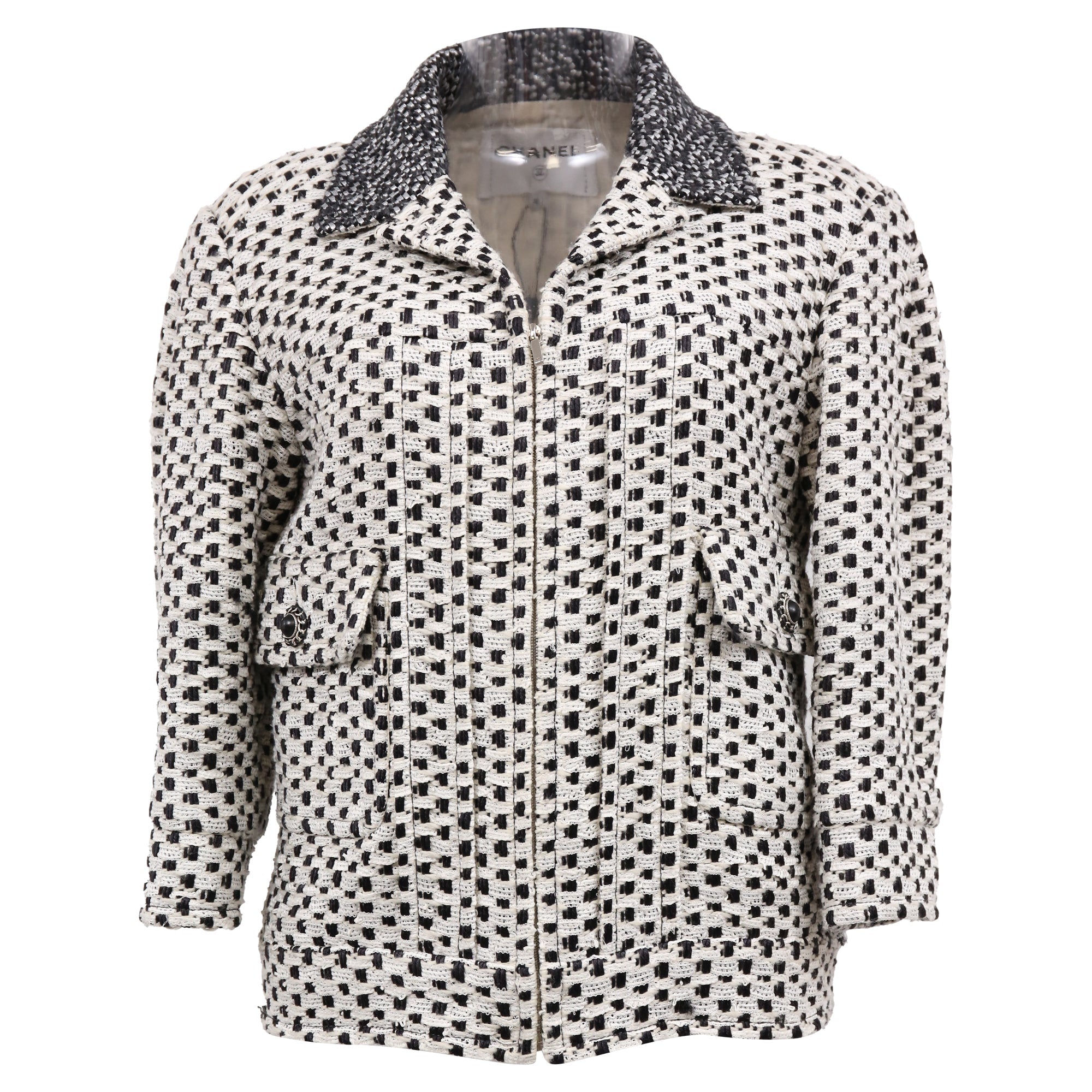 Women's Chanel Polka Dot Zipped Jacket in Black And White Cotton Tweed