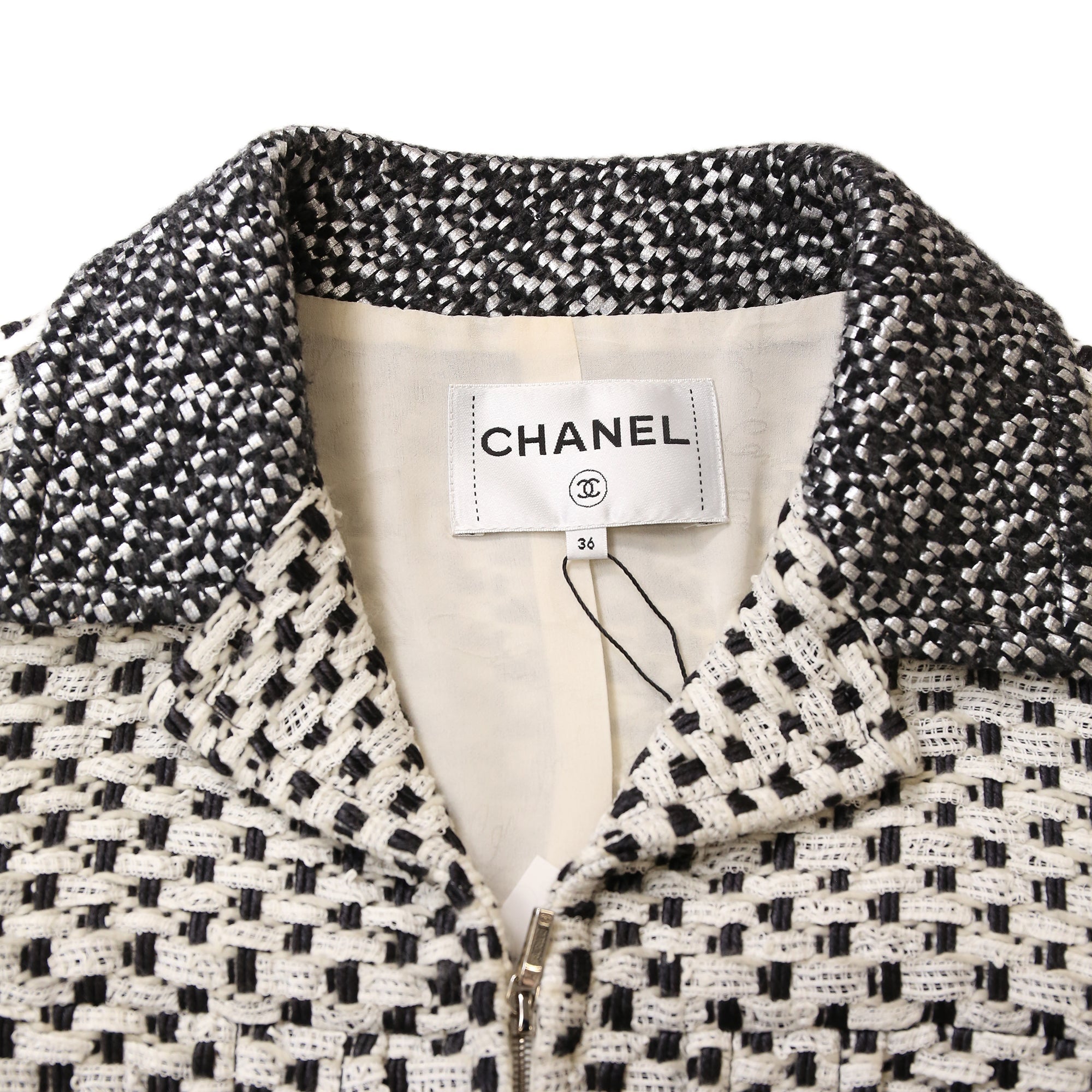 Women's Chanel Polka Dot Zipped Jacket in Black And White Cotton Tweed