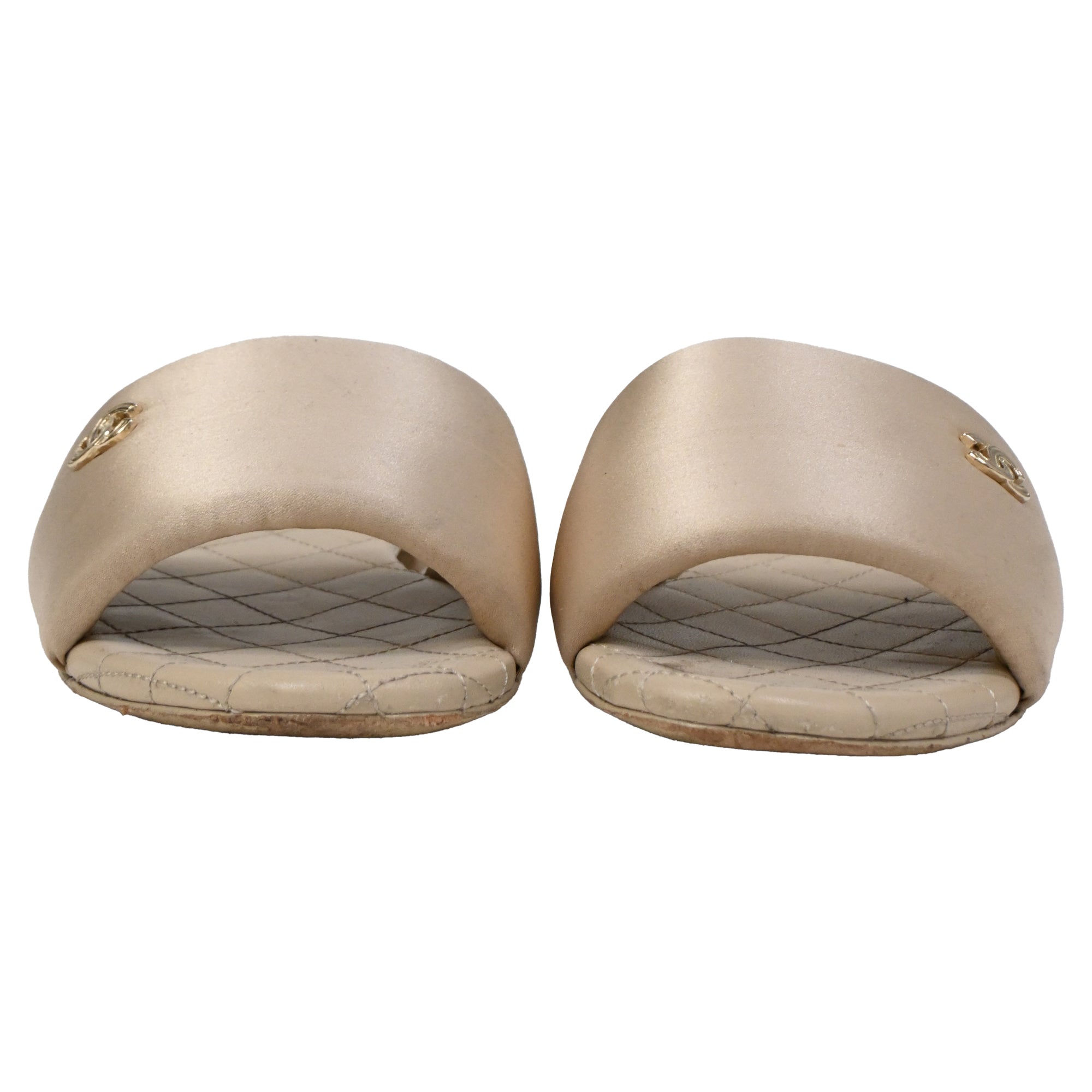 Women's Chanel CC Quilted Slide Flats in Beige Satin
