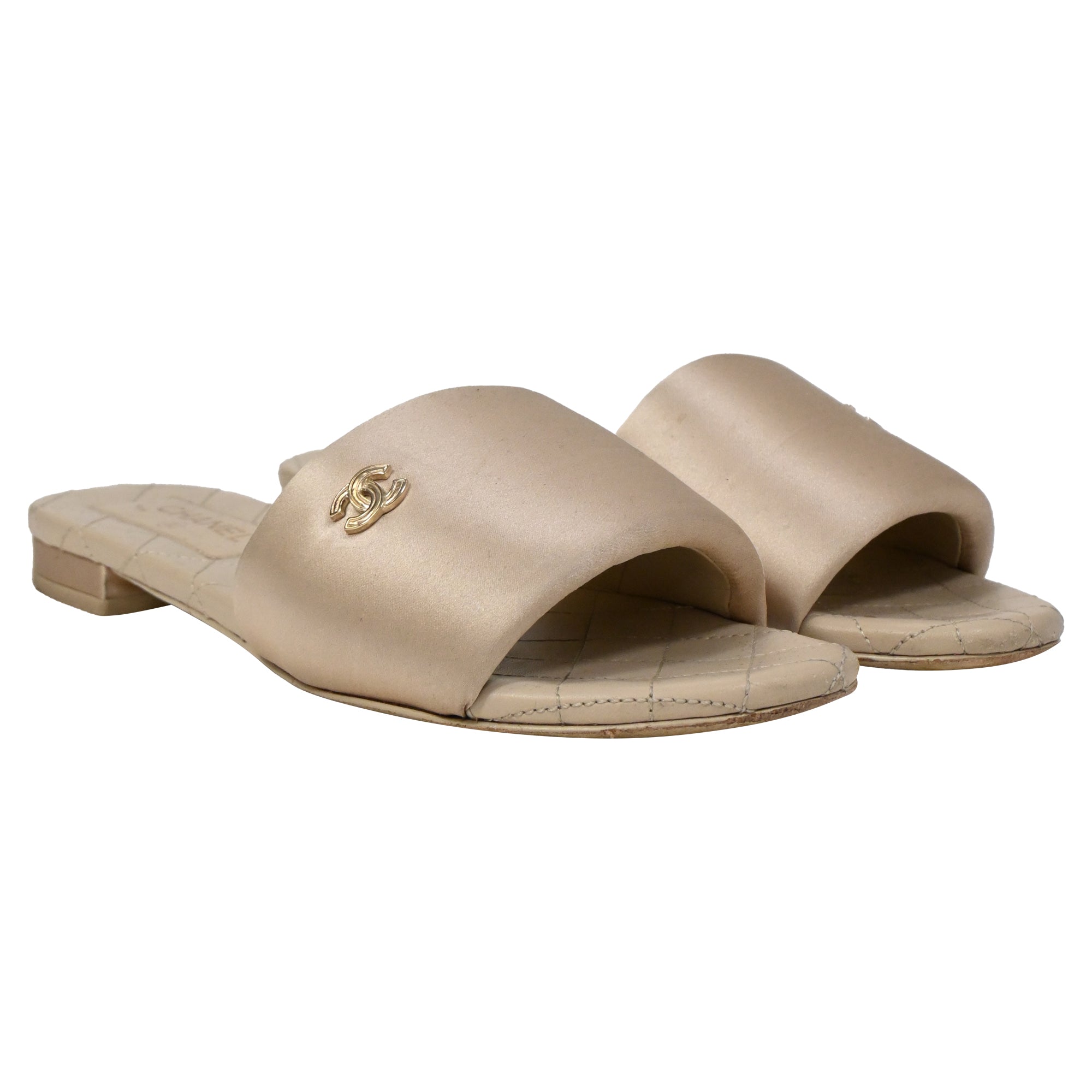 Women's Chanel CC Quilted Slide Flats in Beige Satin