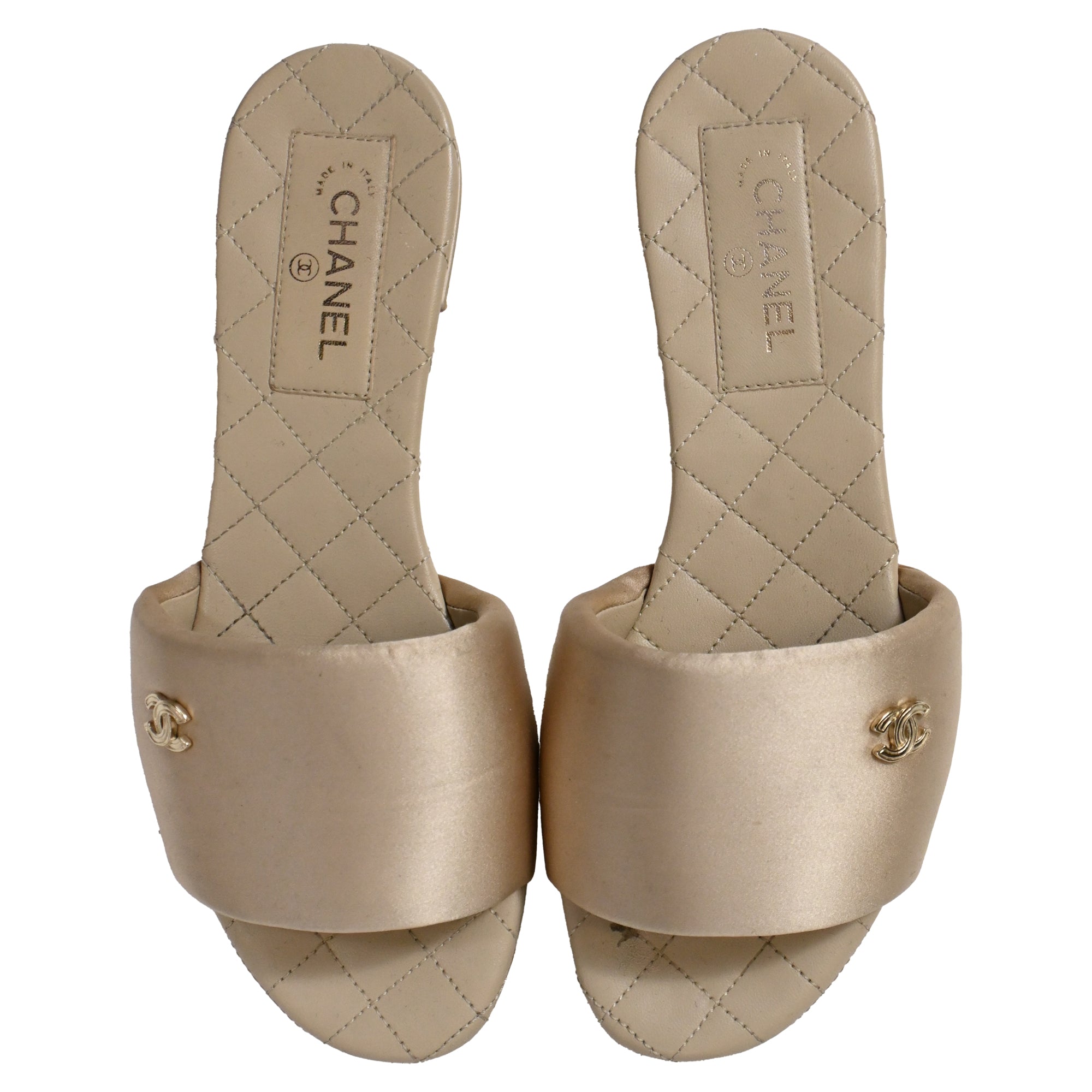 Women's Chanel CC Quilted Slide Flats in Beige Satin