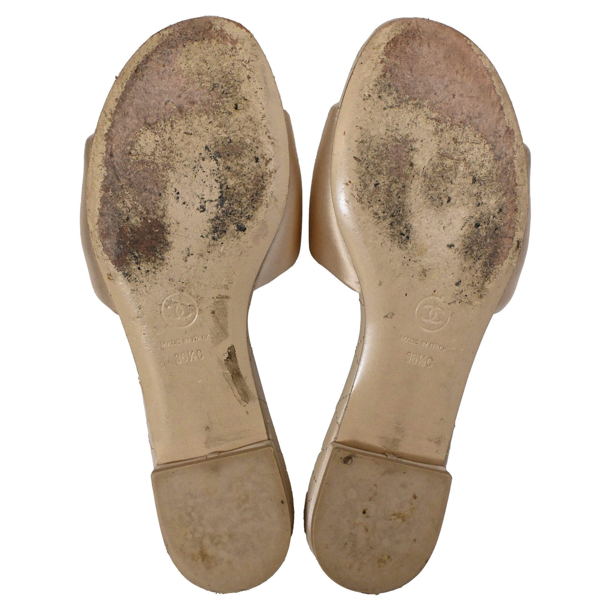 Women's Chanel CC Quilted Slide Flats in Beige Satin