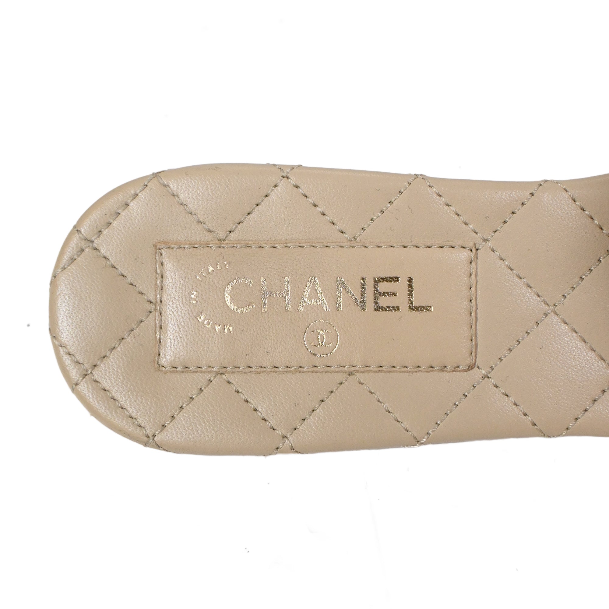 Women's Chanel CC Quilted Slide Flats in Beige Satin