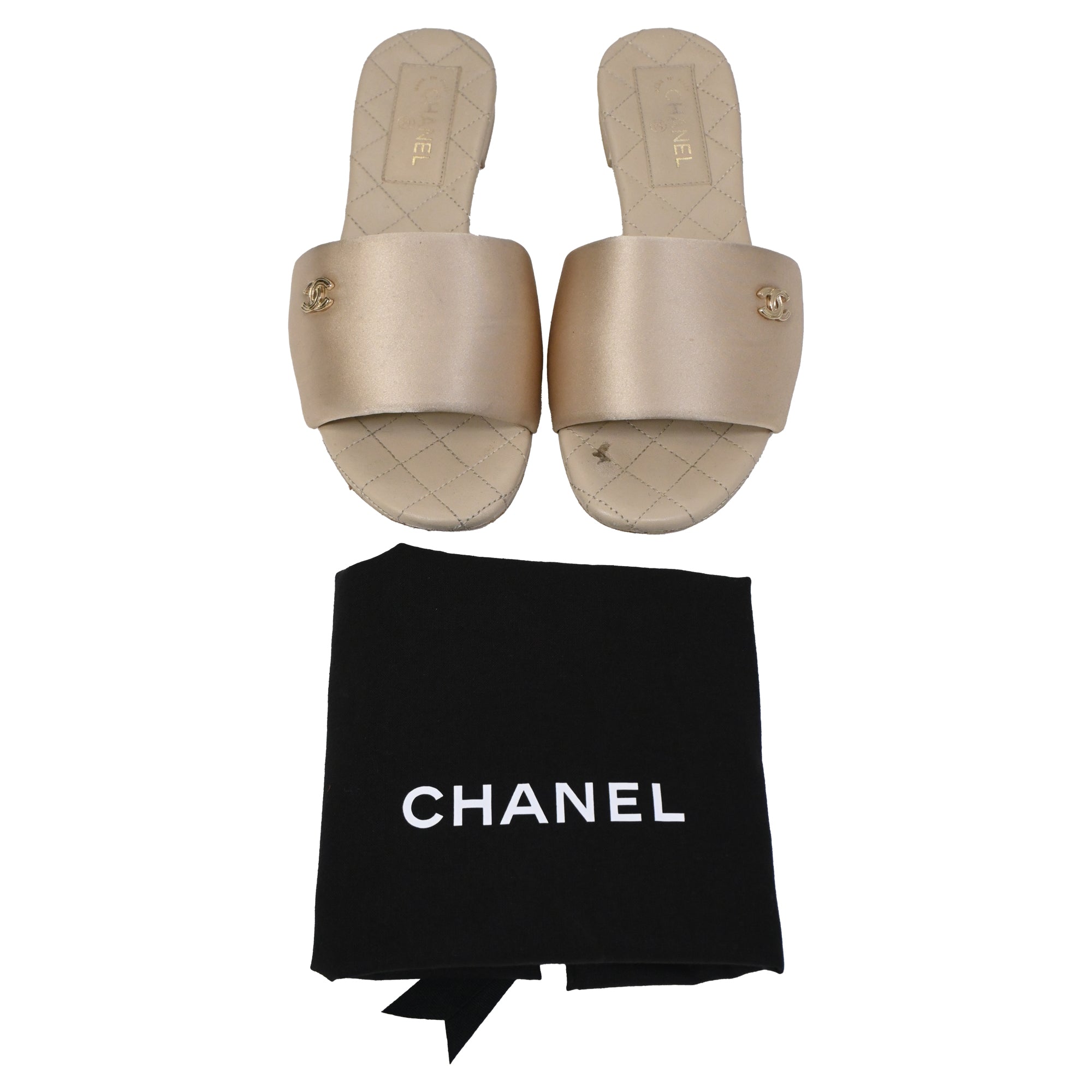 Women's Chanel CC Quilted Slide Flats in Beige Satin
