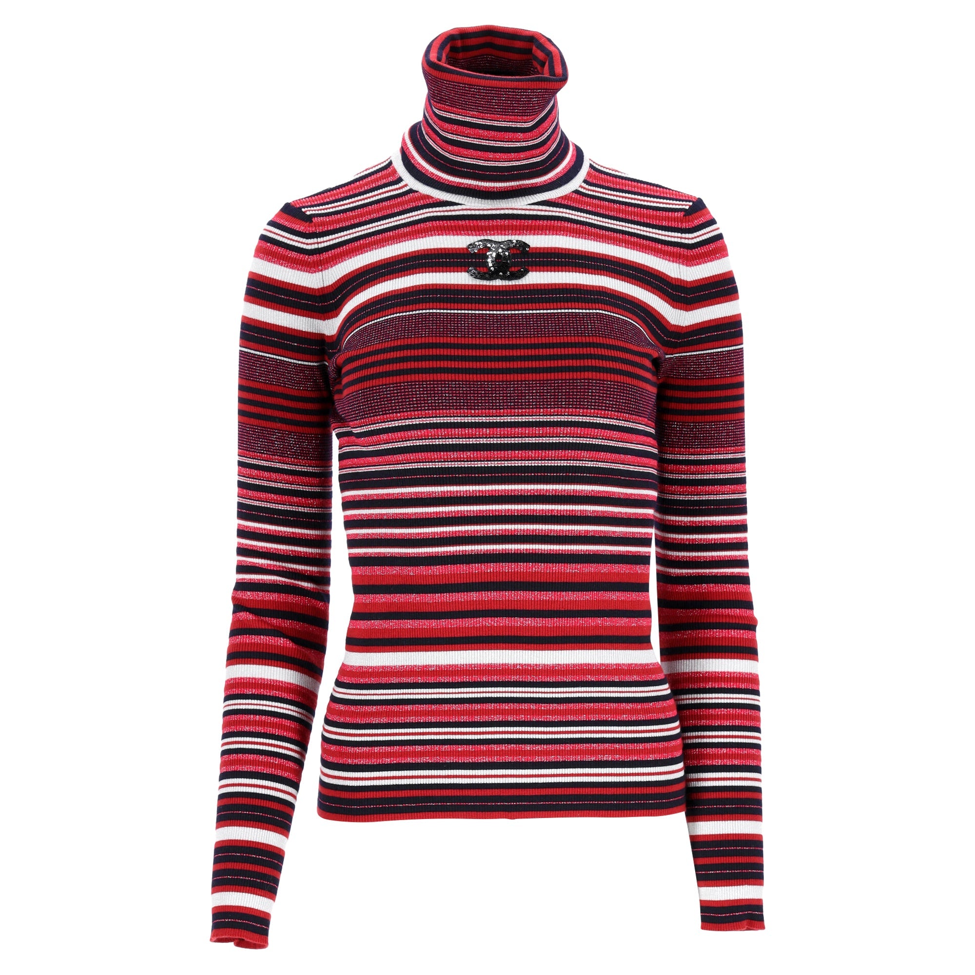 Women's Chanel CC-Embellished Striped Turtleneck Sweater in Red Wool