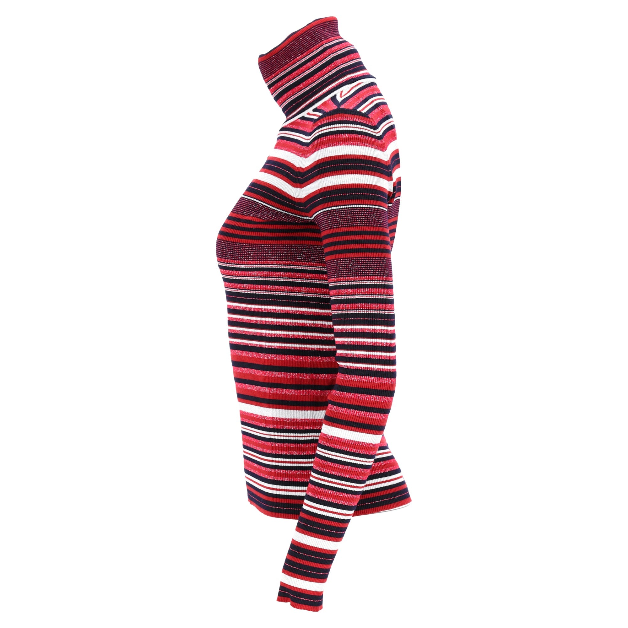 Women's Chanel CC-Embellished Striped Turtleneck Sweater in Red Wool