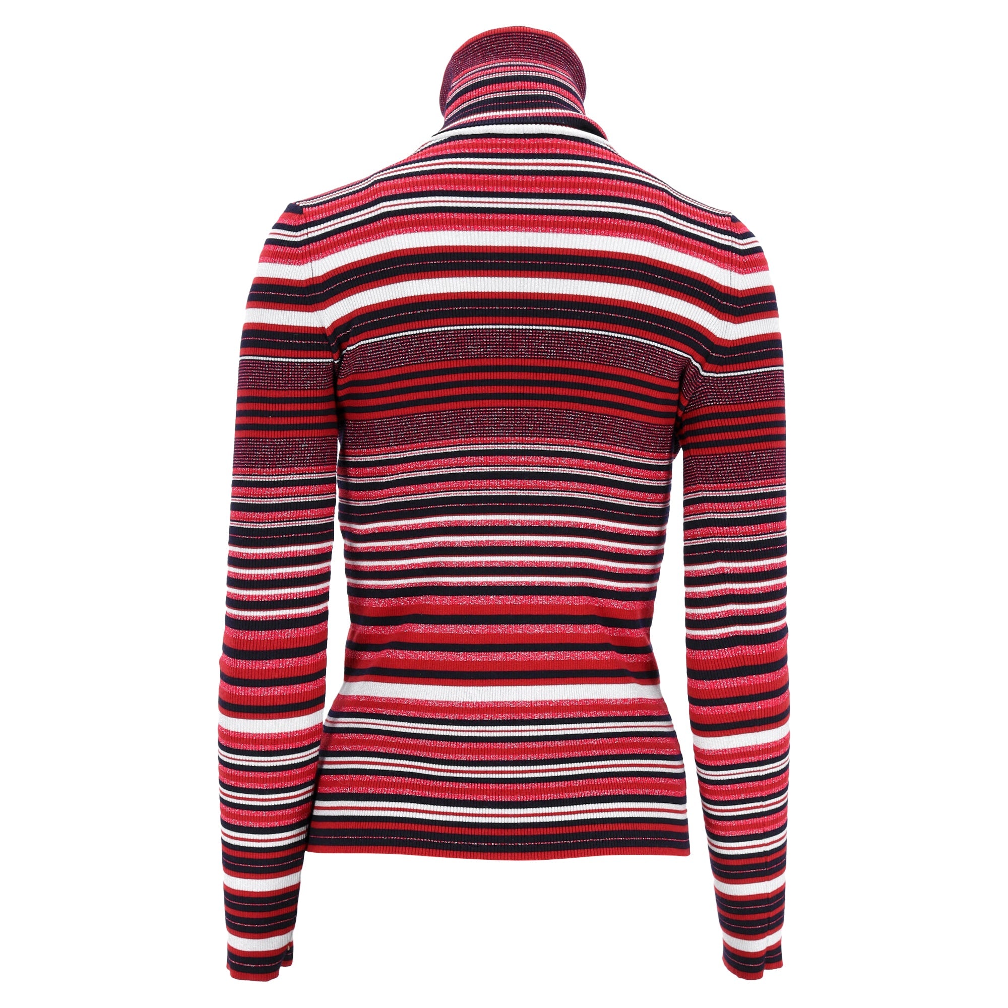 Women's Chanel CC-Embellished Striped Turtleneck Sweater in Red Wool