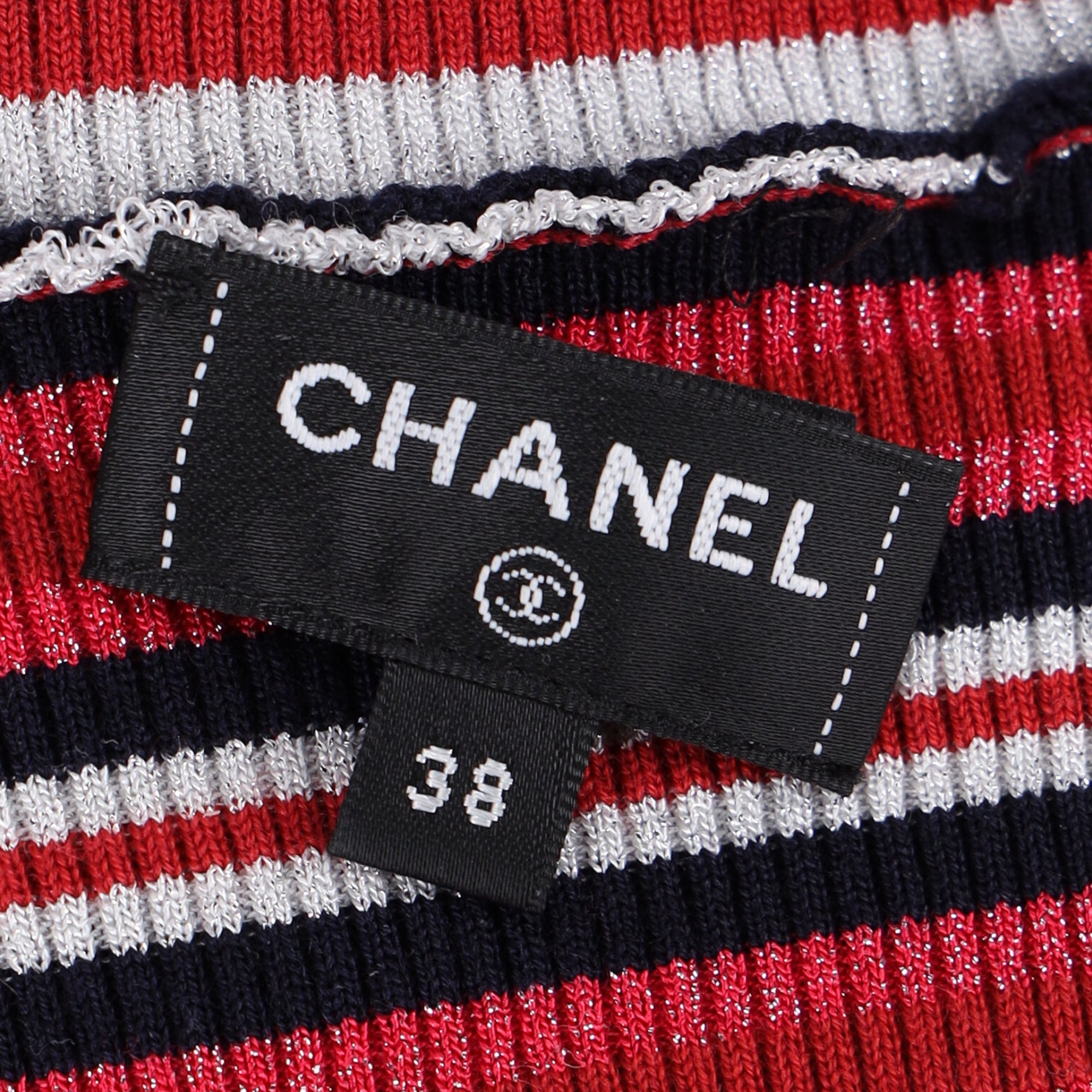 Women's Chanel CC-Embellished Striped Turtleneck Sweater in Red Wool
