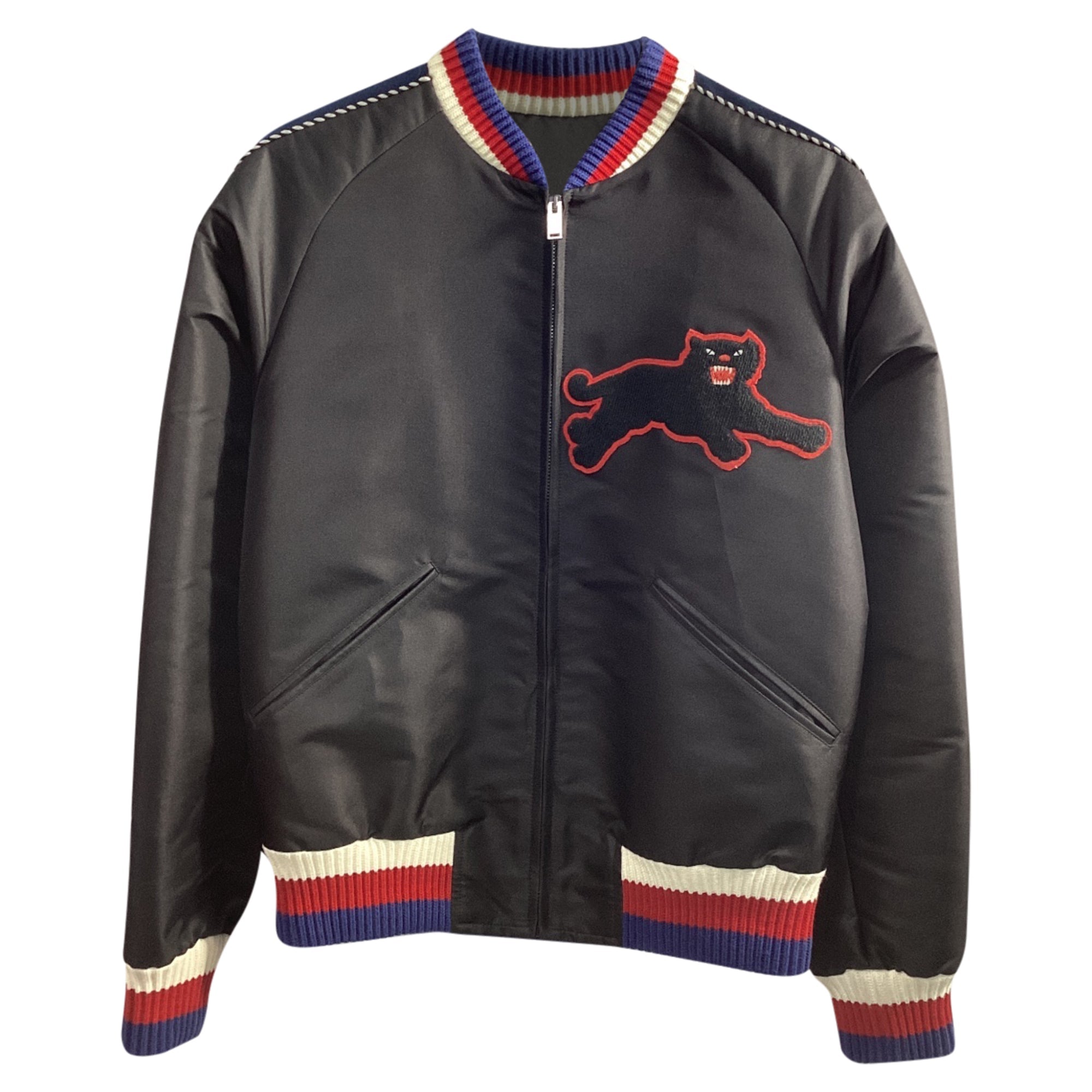 Men's Gucci Panther-Embroidered Bomber Jacket Black Satin