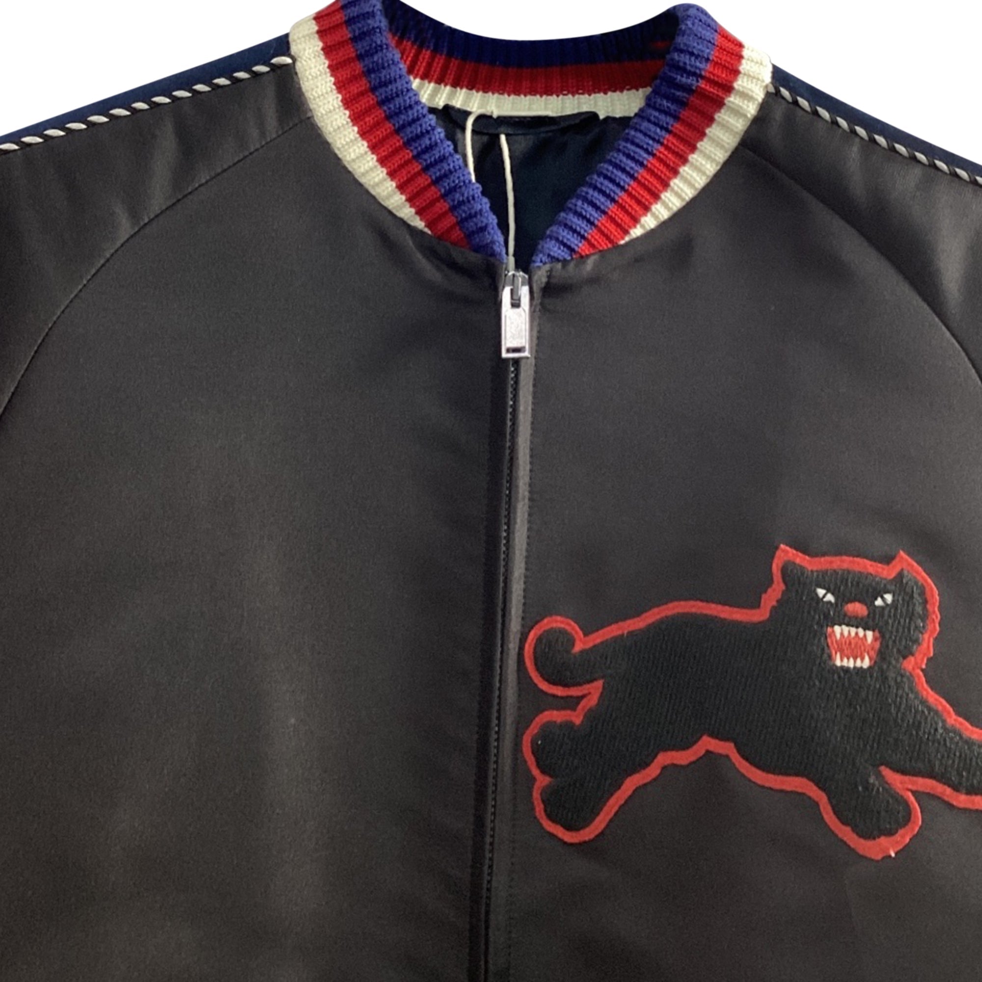 Men's Gucci Panther-Embroidered Bomber Jacket Black Satin