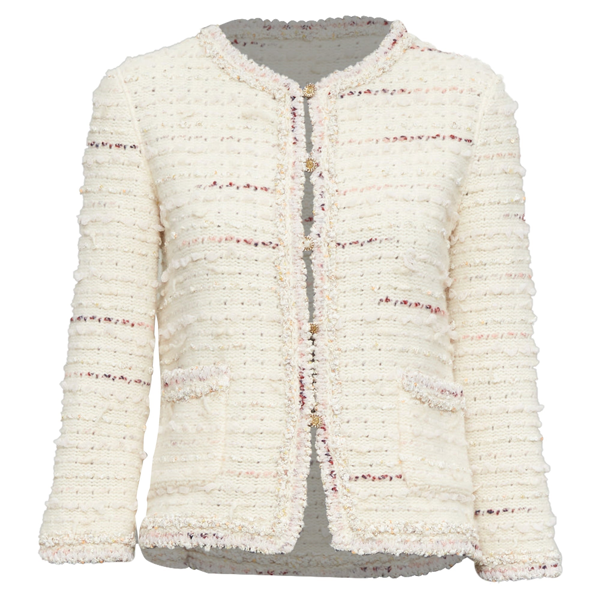 Women's Chanel cream pink tweed CC cardigan