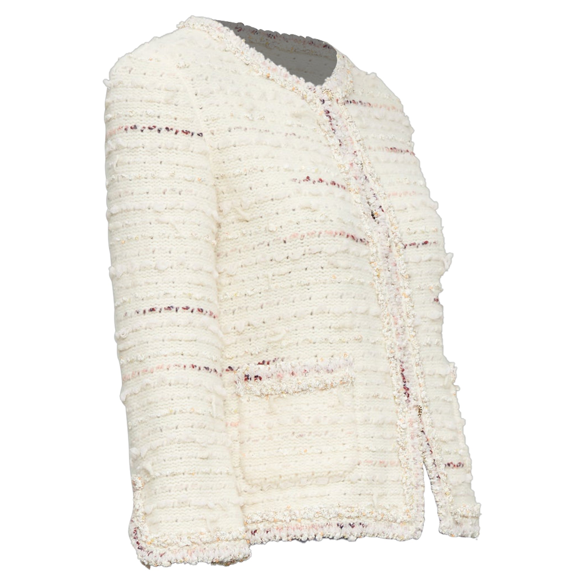 Women's Chanel cream pink tweed CC cardigan