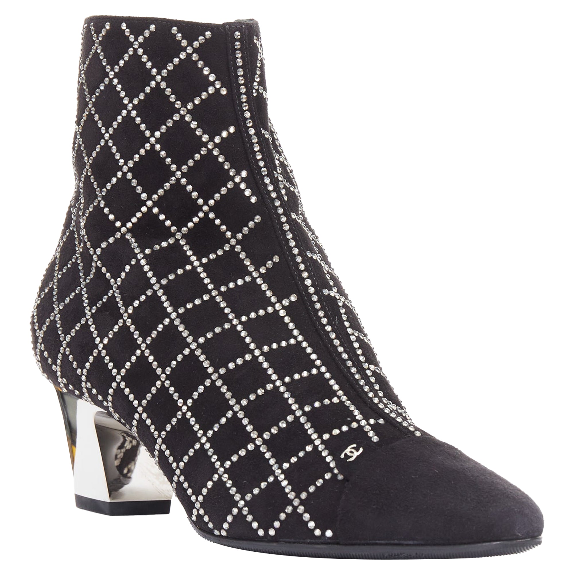 Women's Chanel black suede crystal heel boots