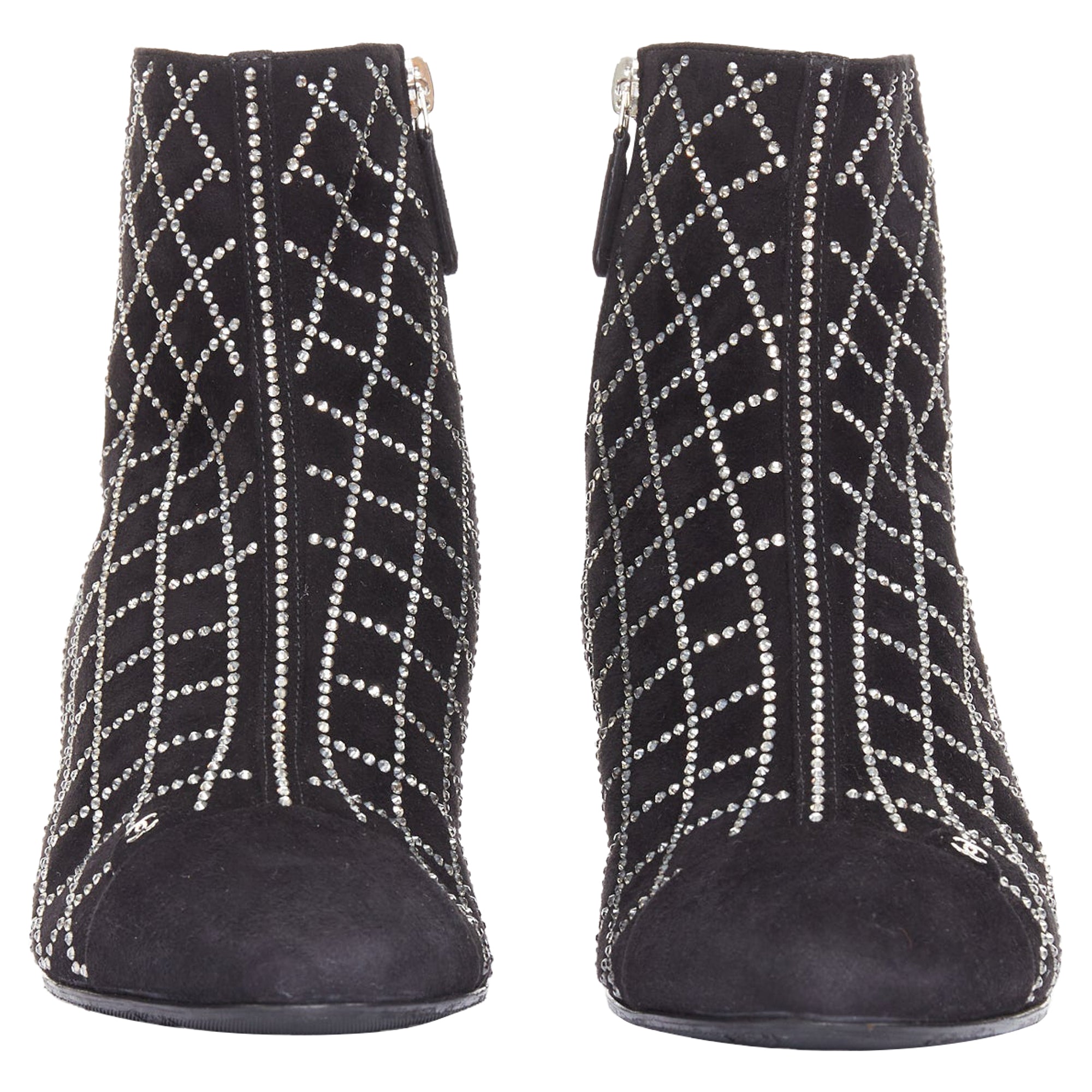 Women's Chanel black suede crystal heel boots