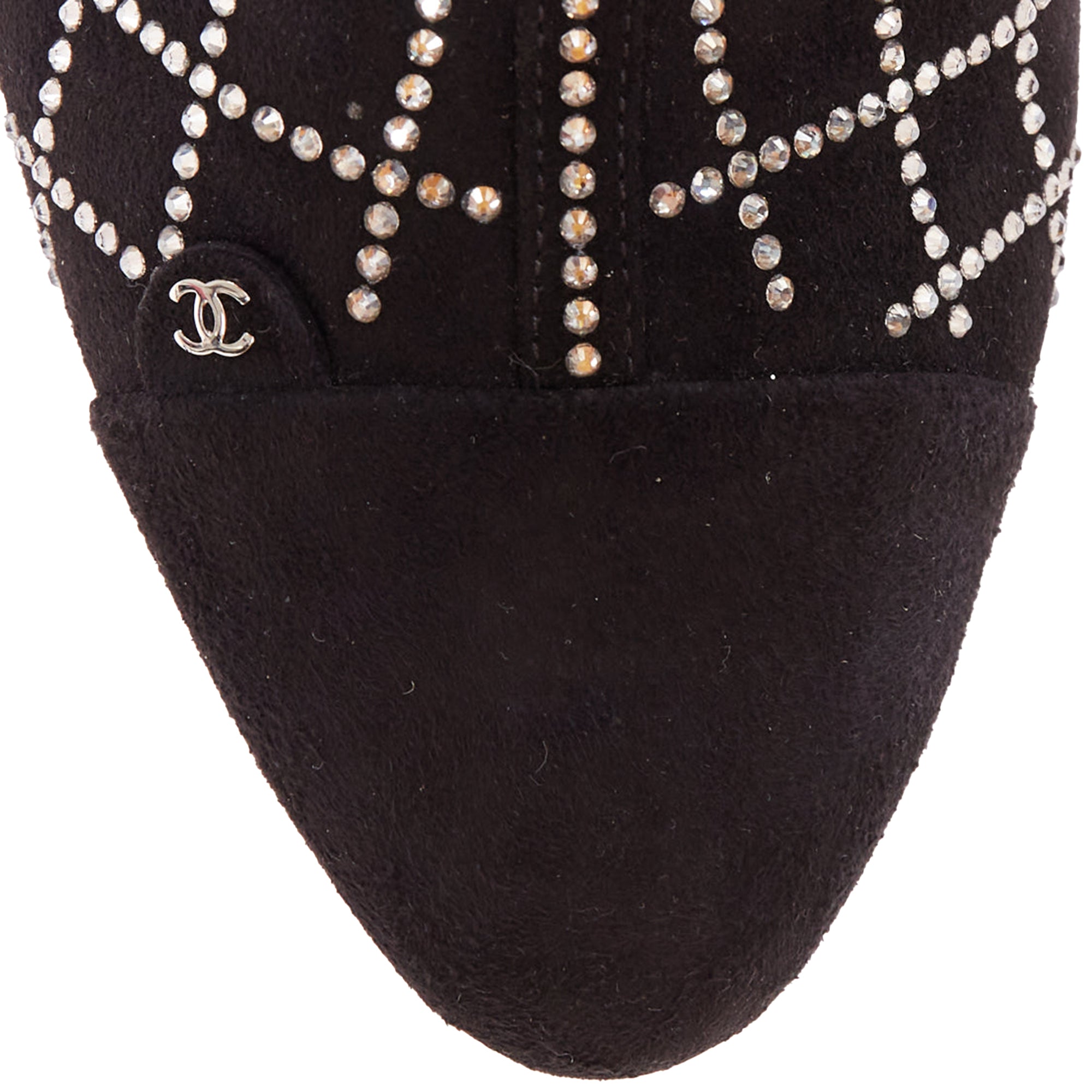 Women's Chanel black suede crystal heel boots