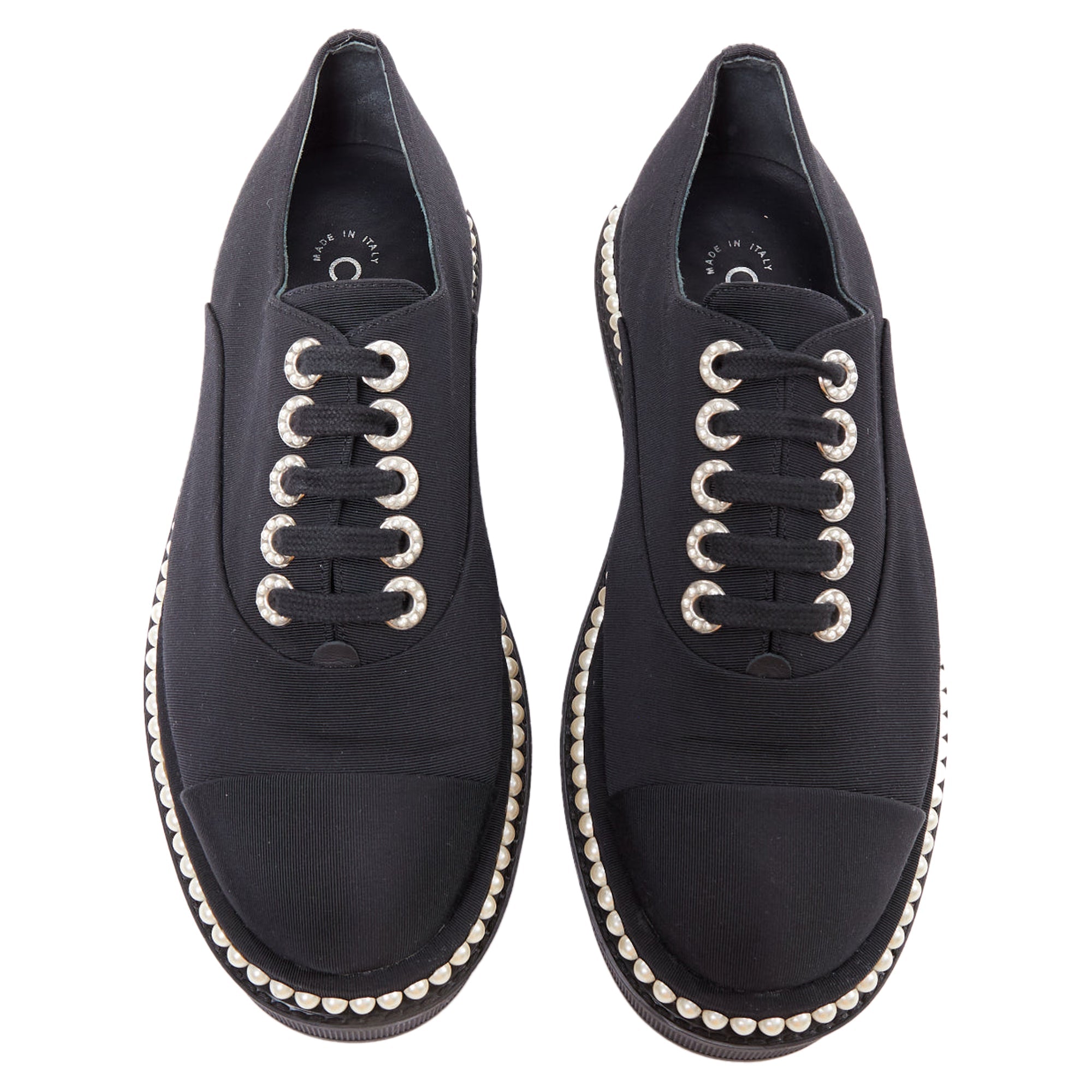 Women's Chanel black canvas pearl oxfords