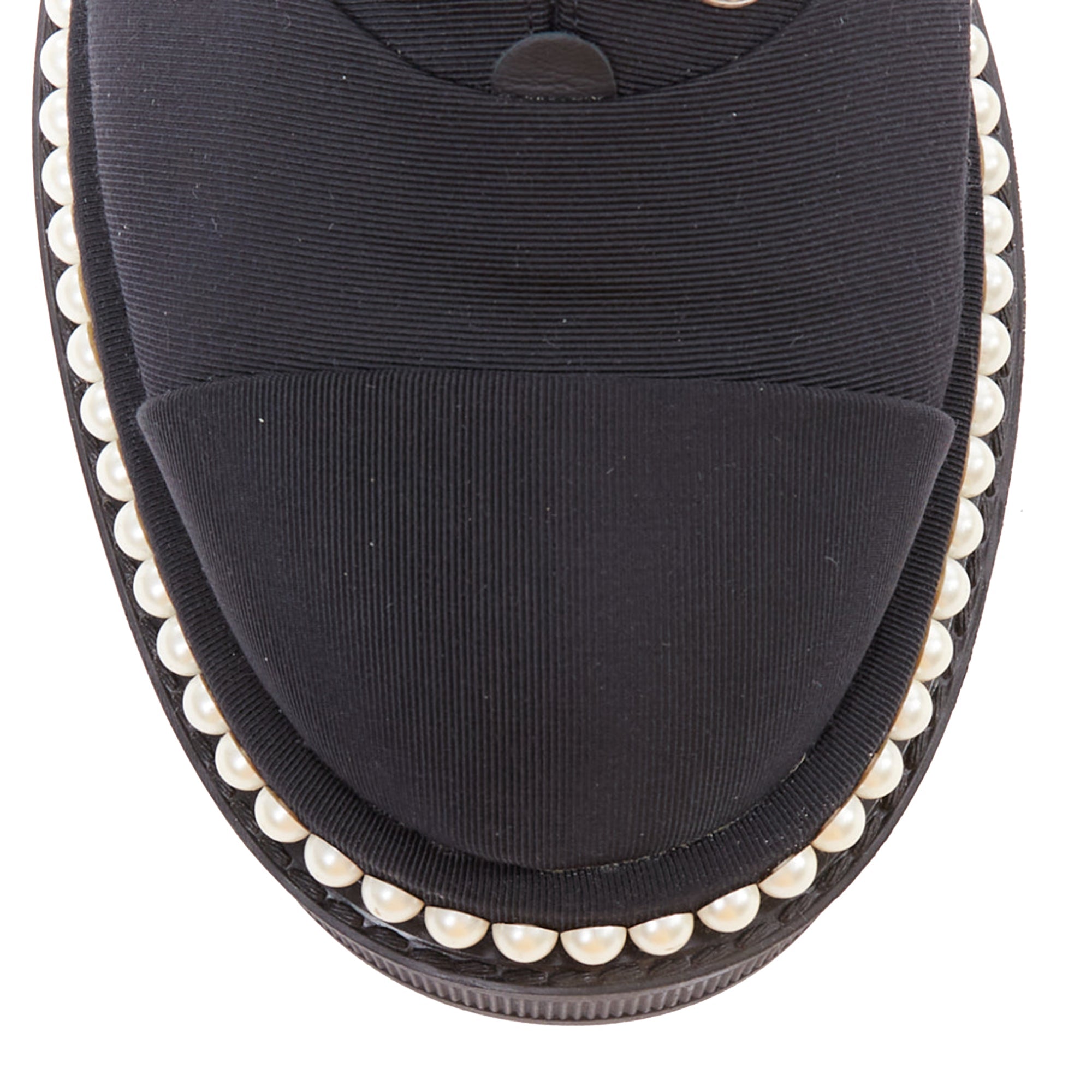 Women's Chanel black canvas pearl oxfords