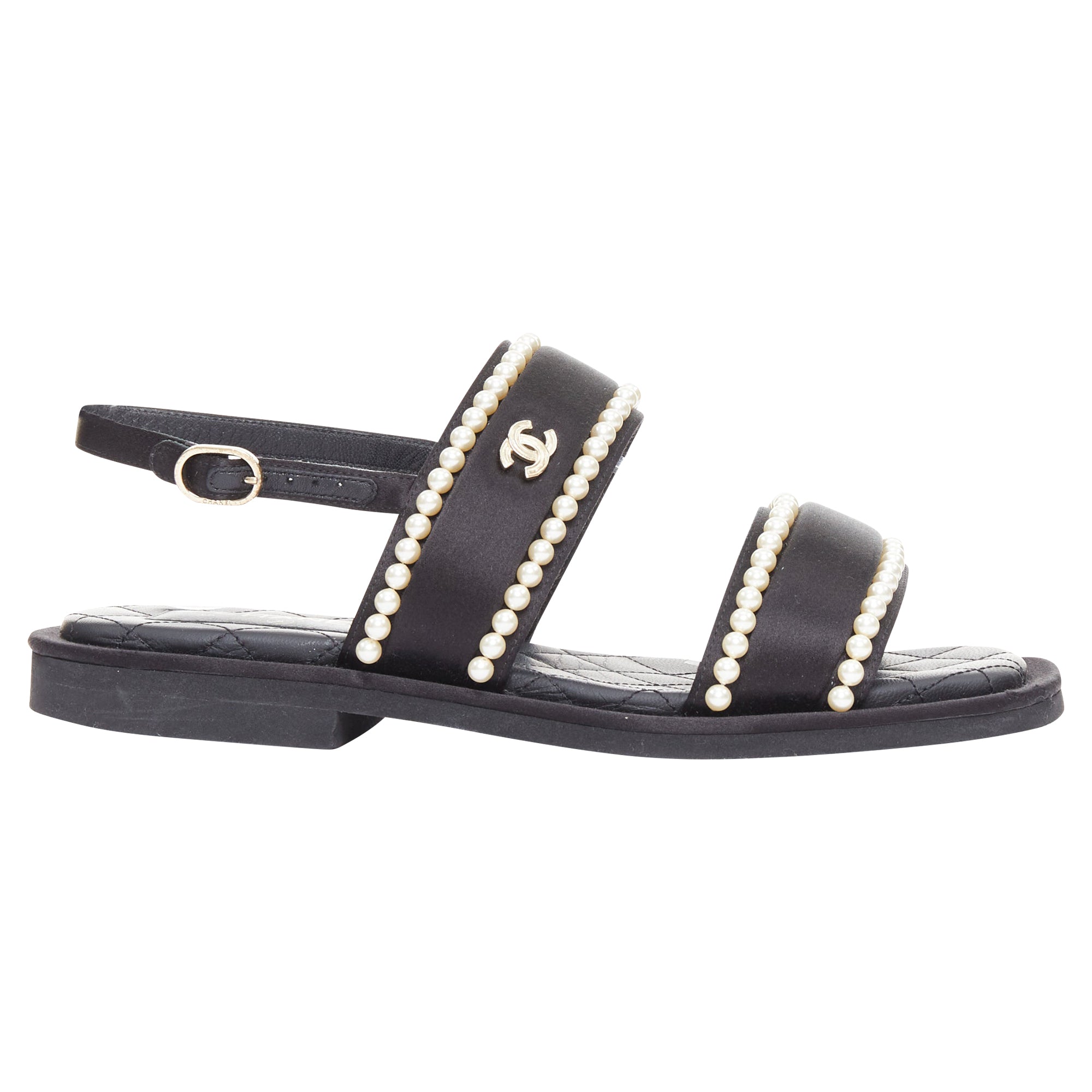 Women's Chanel black satin pearl sandals