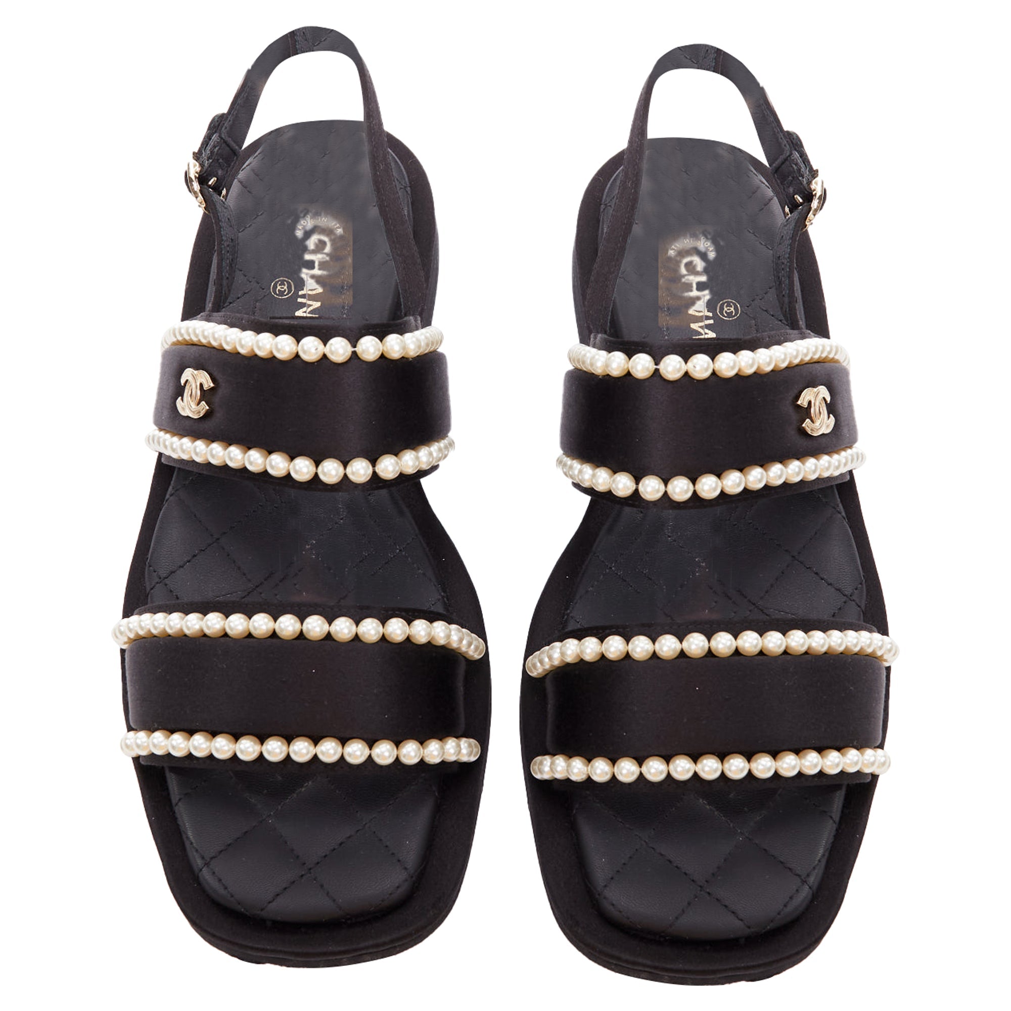 Women's Chanel black satin pearl sandals
