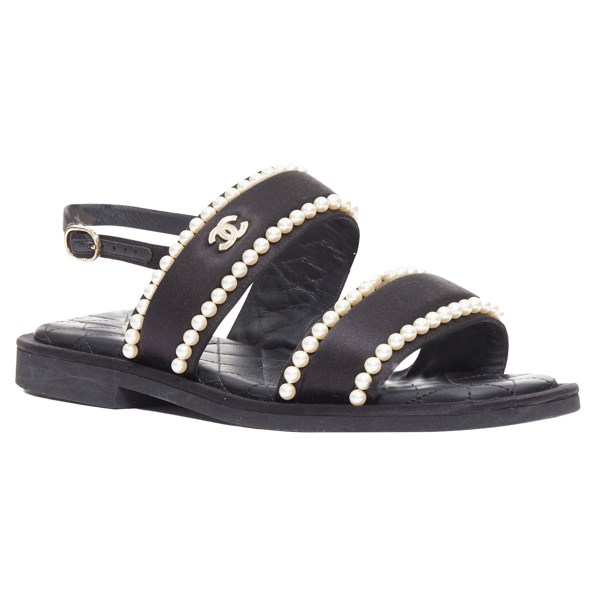 Women's Chanel black satin pearl sandals