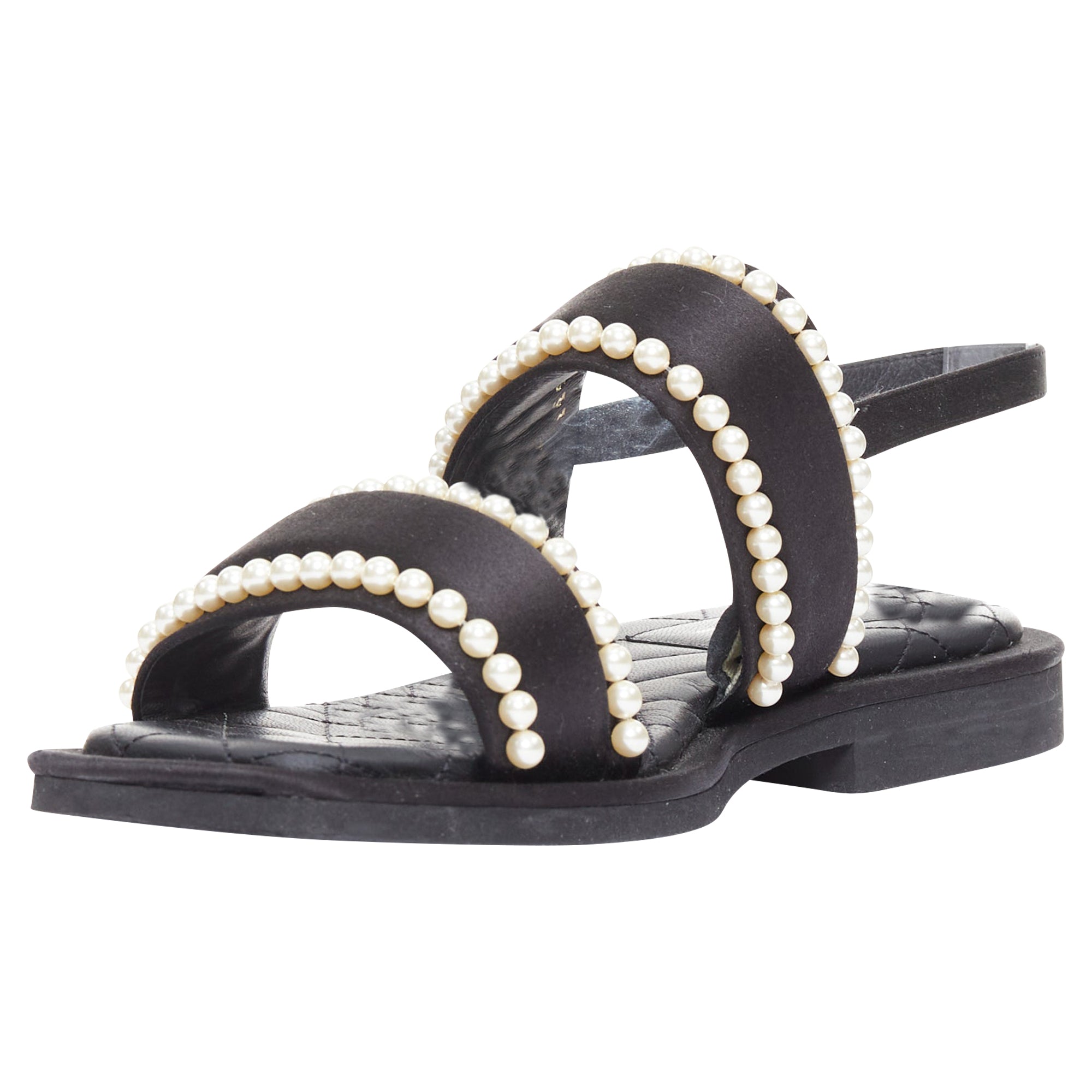 Women's Chanel black satin pearl sandals