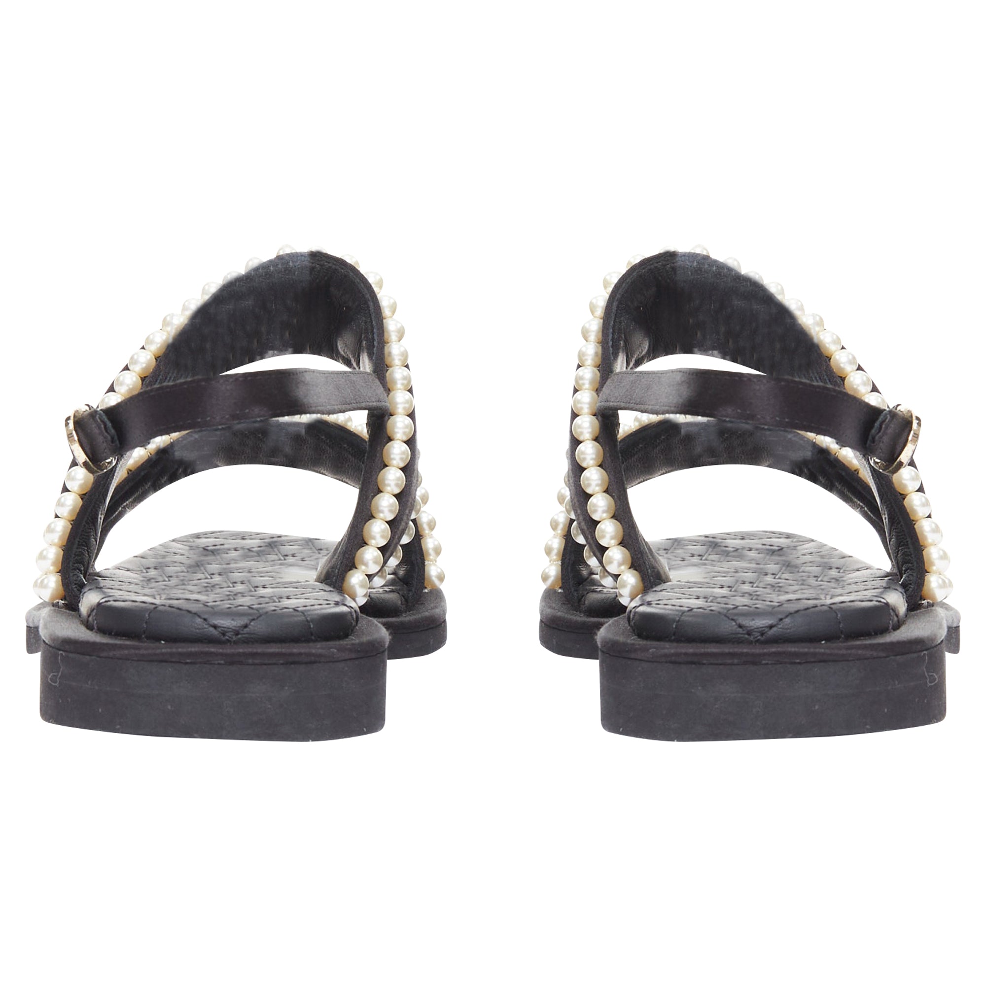 Women's Chanel black satin pearl sandals