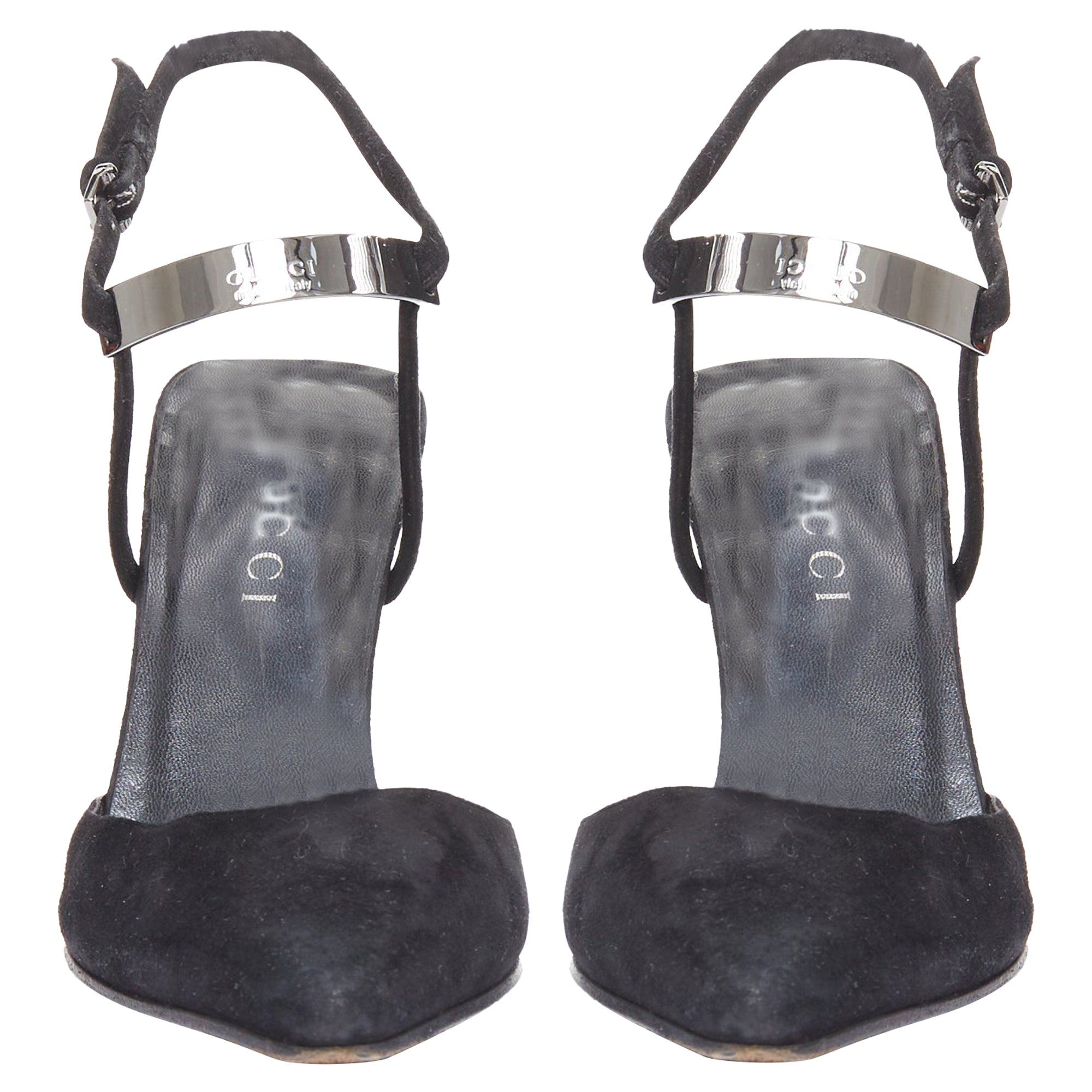 Women's Gucci black suede metal slingback pumps