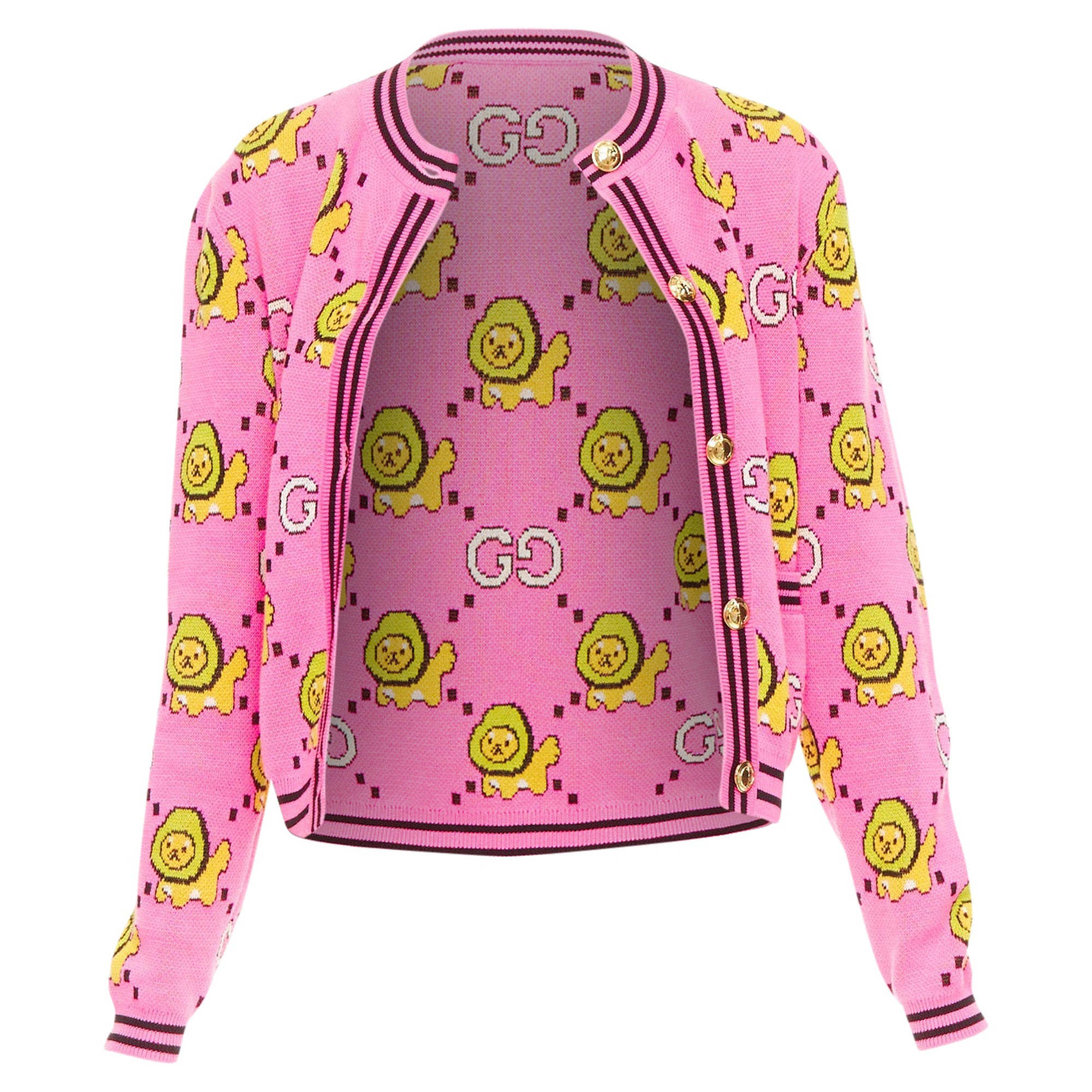 Women's Gucci pink cotton lion cropped cardigan