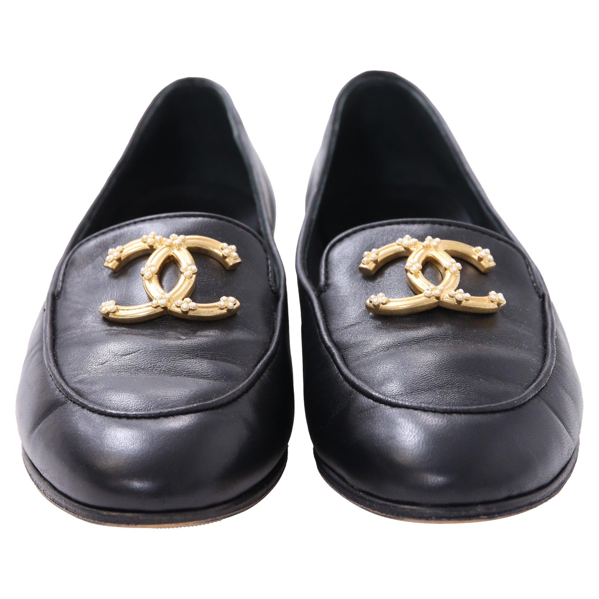 Women's Chanel Pearl CC Loafers in Black Lambskin Leather